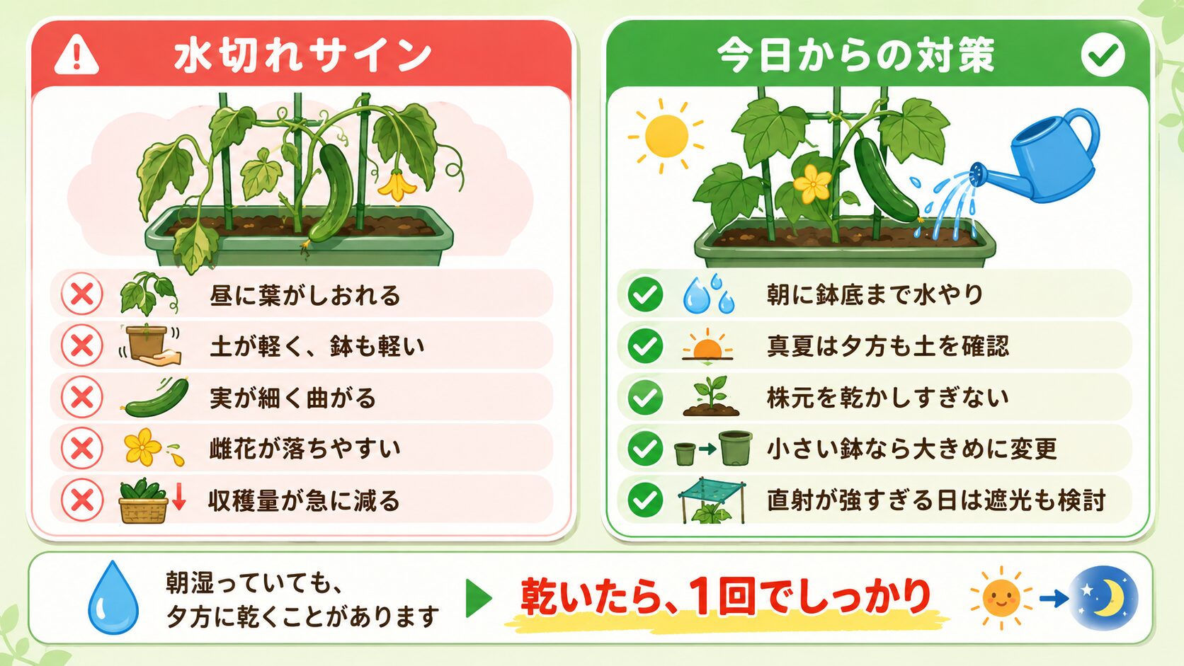 きゅうりの水切れサインと今日からできる対策の図解