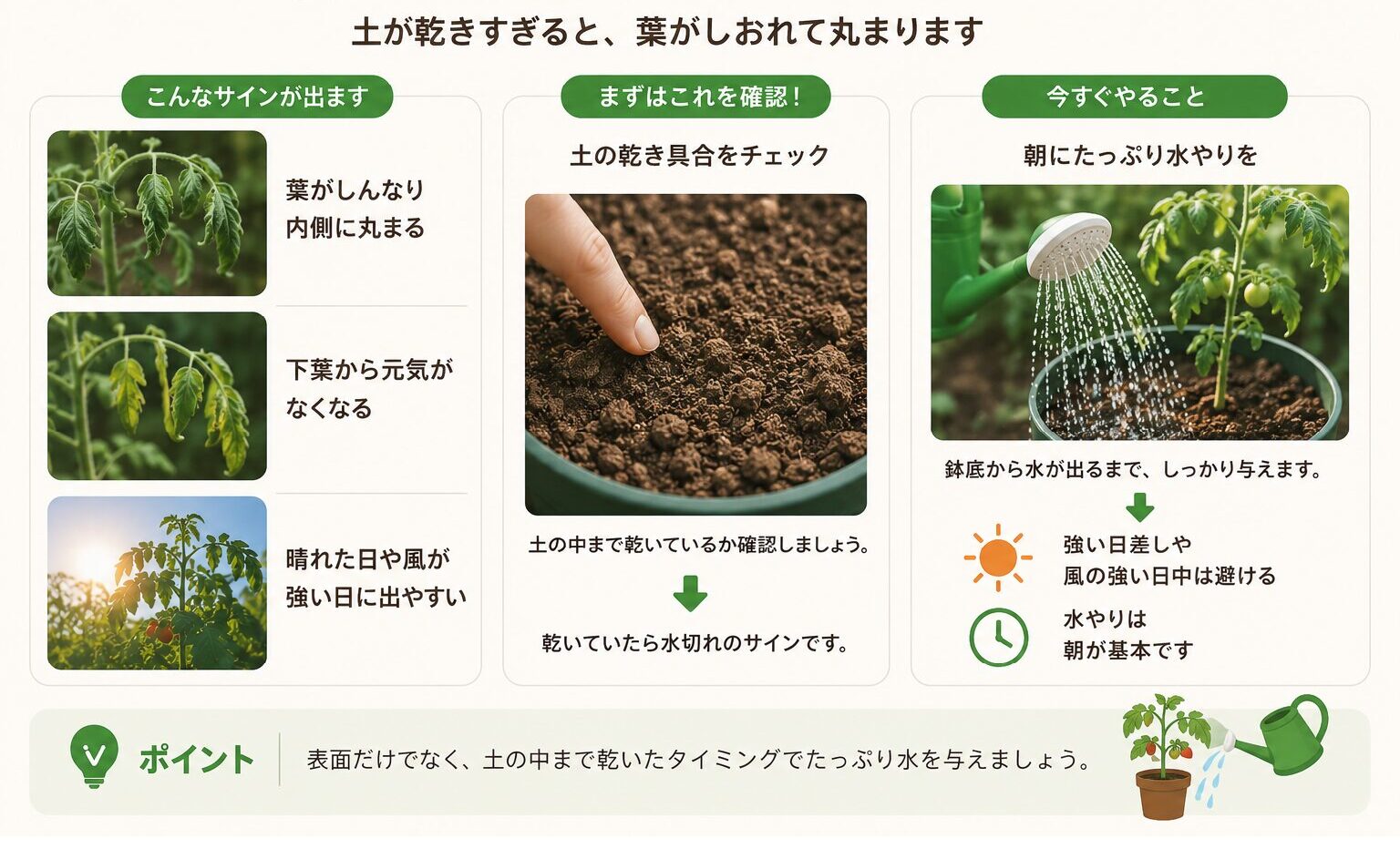ミニトマトの葉が水切れでしおれて丸まる原因と水やりの図解