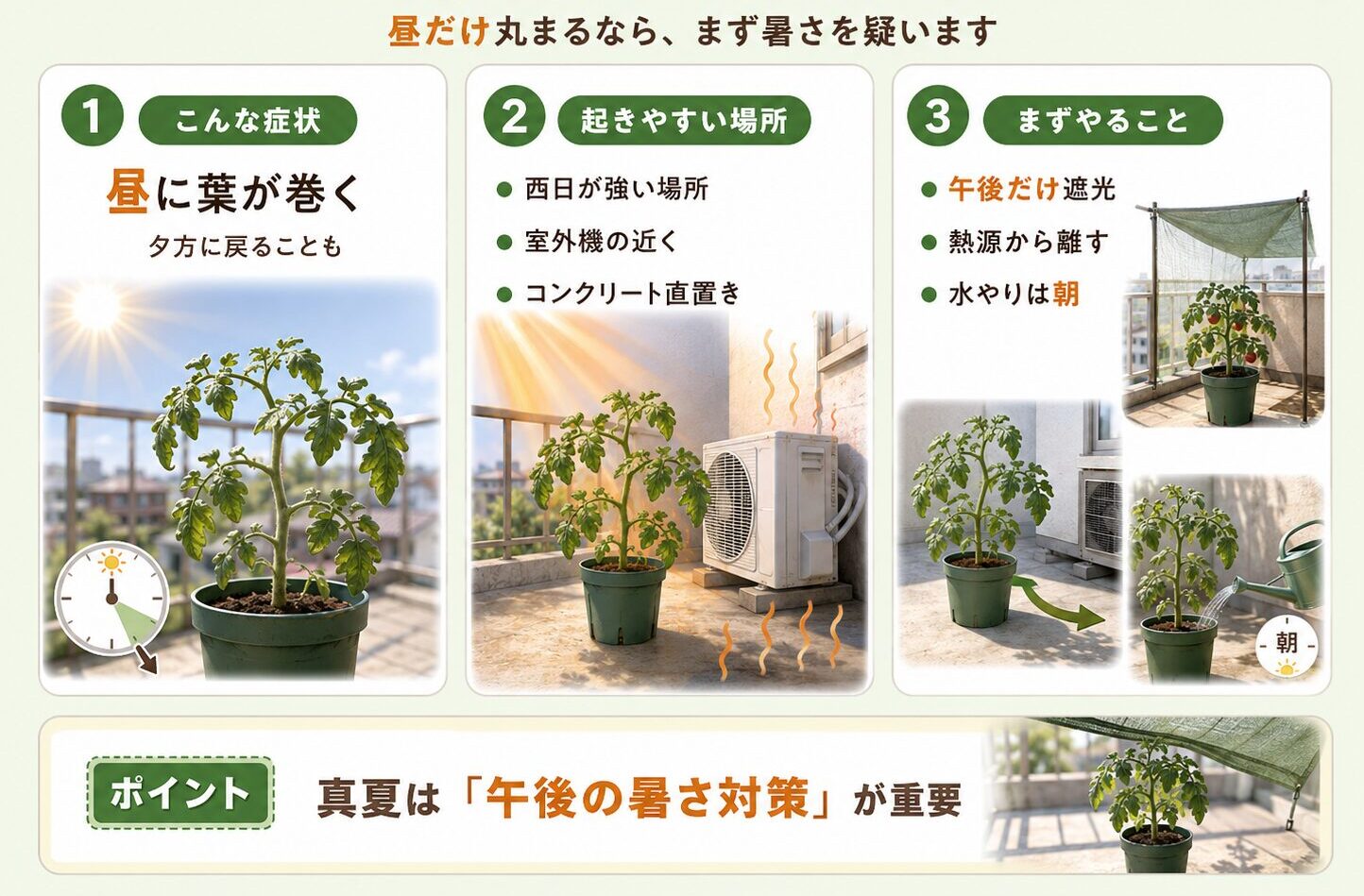 ミニトマトの葉が暑さや強い日差しで丸まる原因と対策の図解