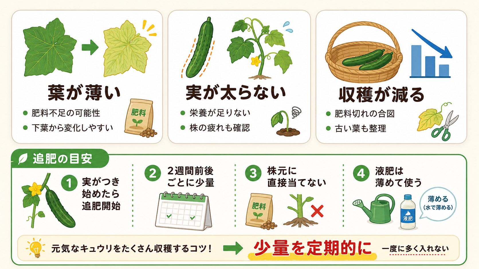 きゅうりの肥料切れサインと追肥の目安の図解