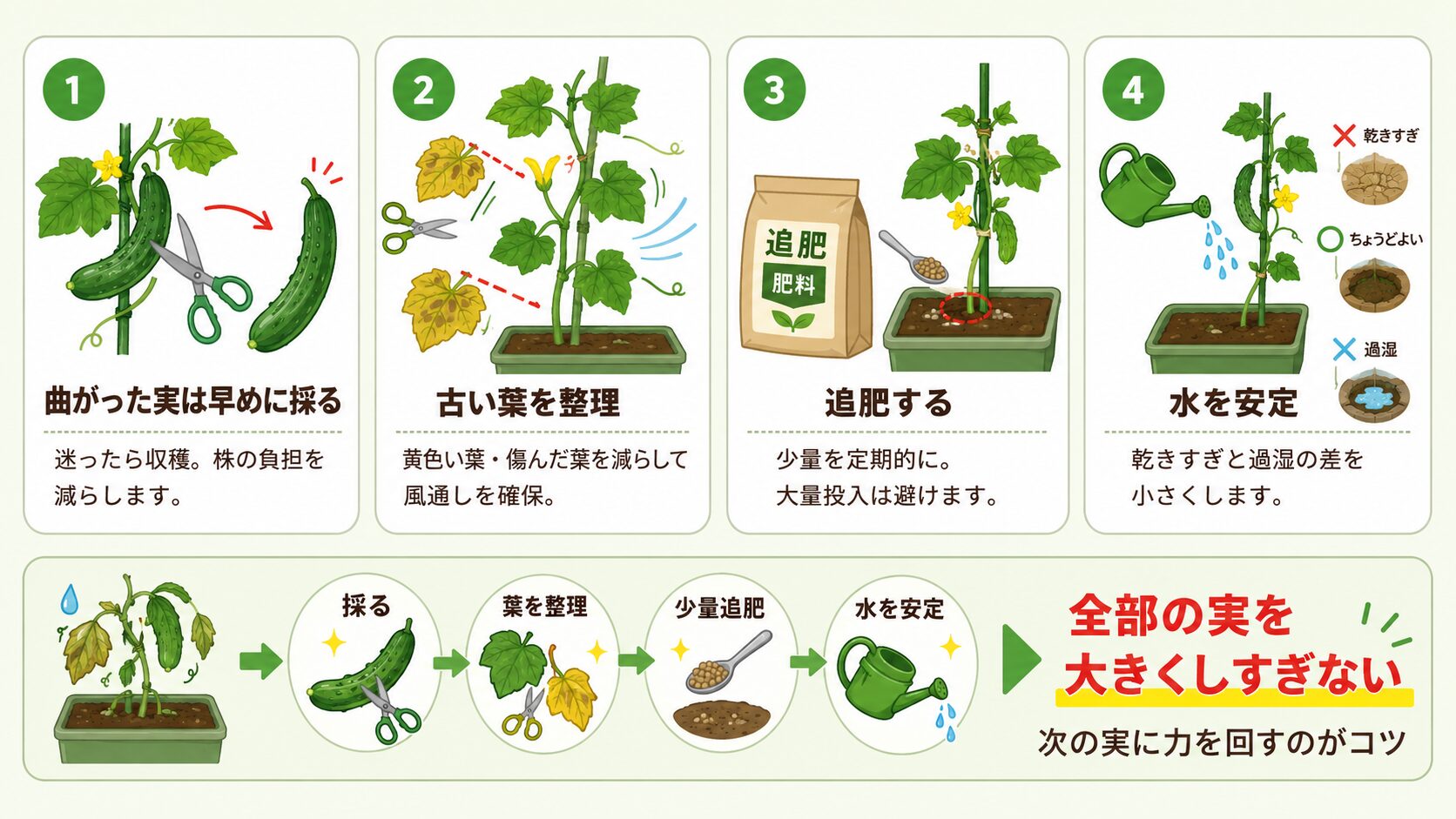 きゅうりの株の疲れを回復させる管理手順の図解