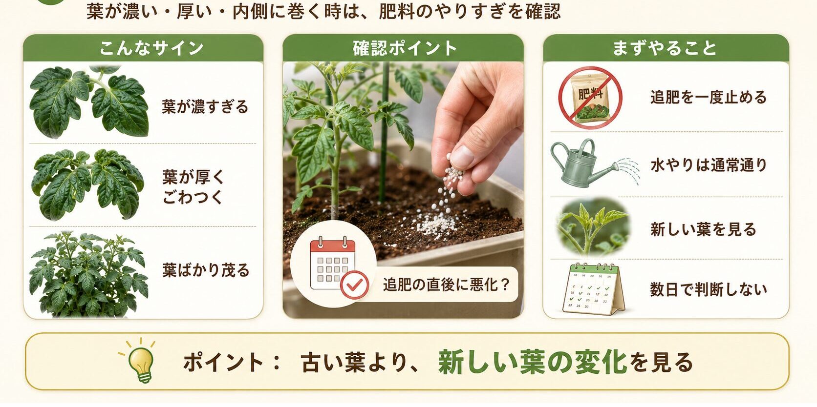 ミニトマトの葉が肥料過多で濃く厚く丸まる原因と対策の図解
