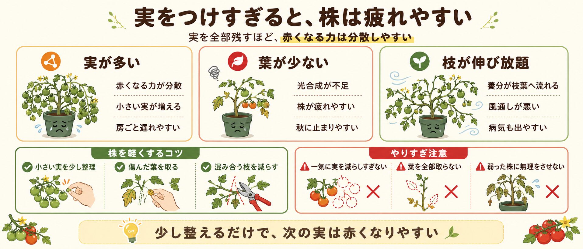 ミニトマトの実が多すぎて株が疲れる原因と整理のコツを示した図解