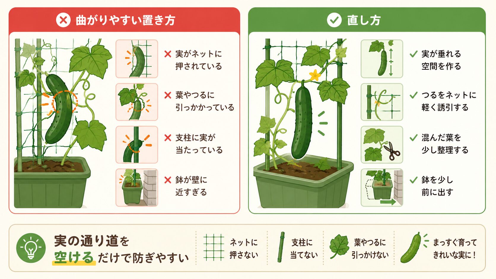 きゅうりが支柱やネットに接触して曲がる原因と直し方の図解