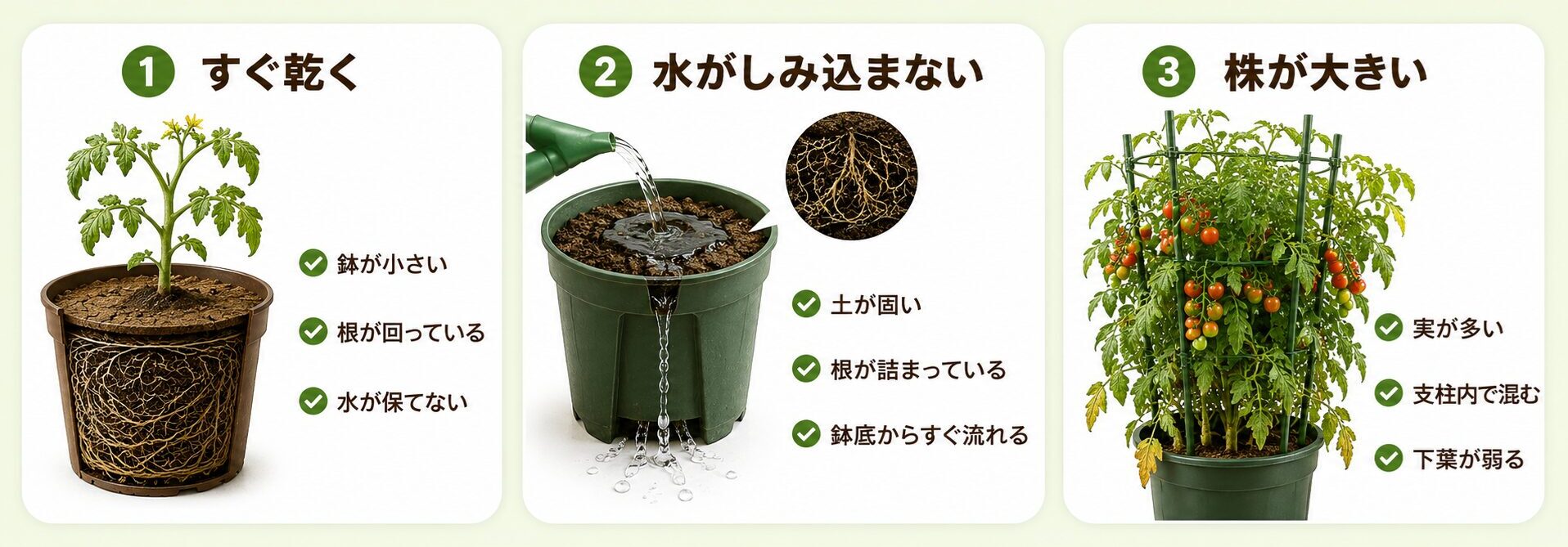 ミニトマトの根詰まりや根傷みで葉が丸まる原因を見分ける図解