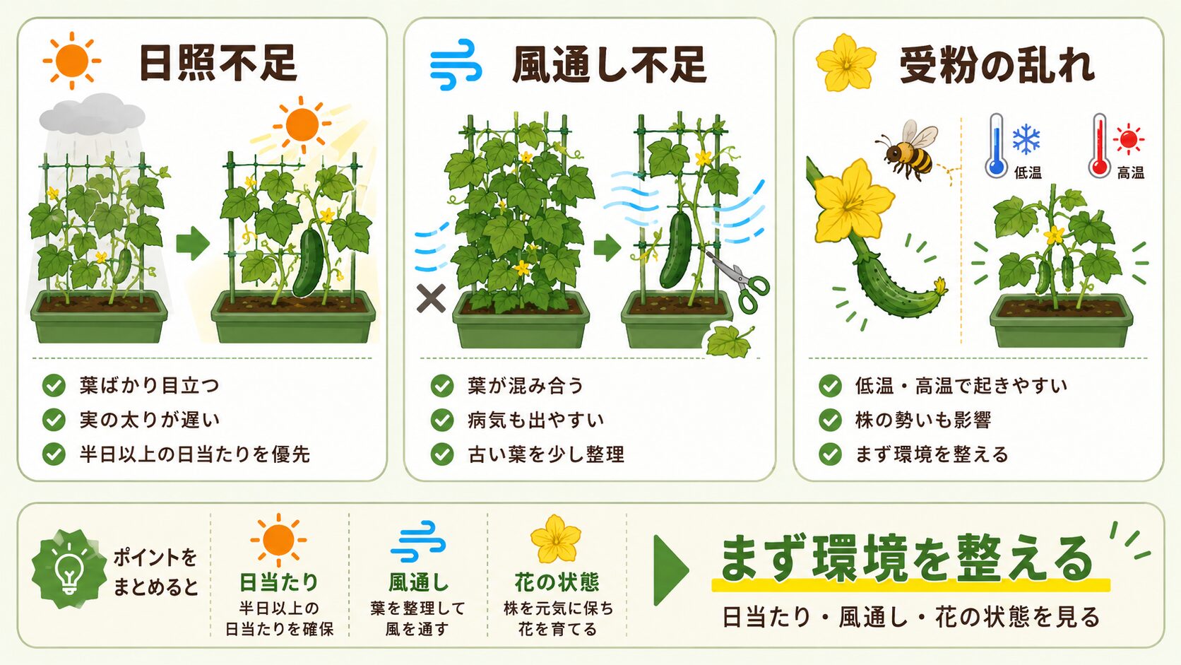 きゅうりの日照不足・風通し不足・受粉の乱れを見分ける図解