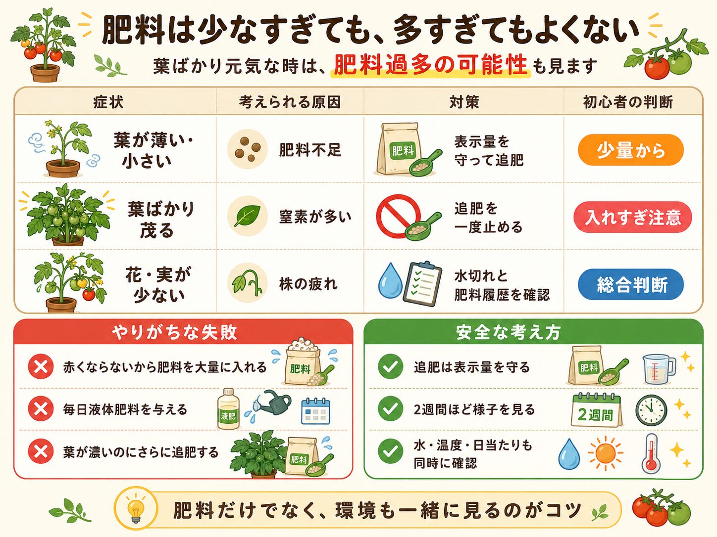 ミニトマトの肥料不足と肥料過多の見分け方を示した図解