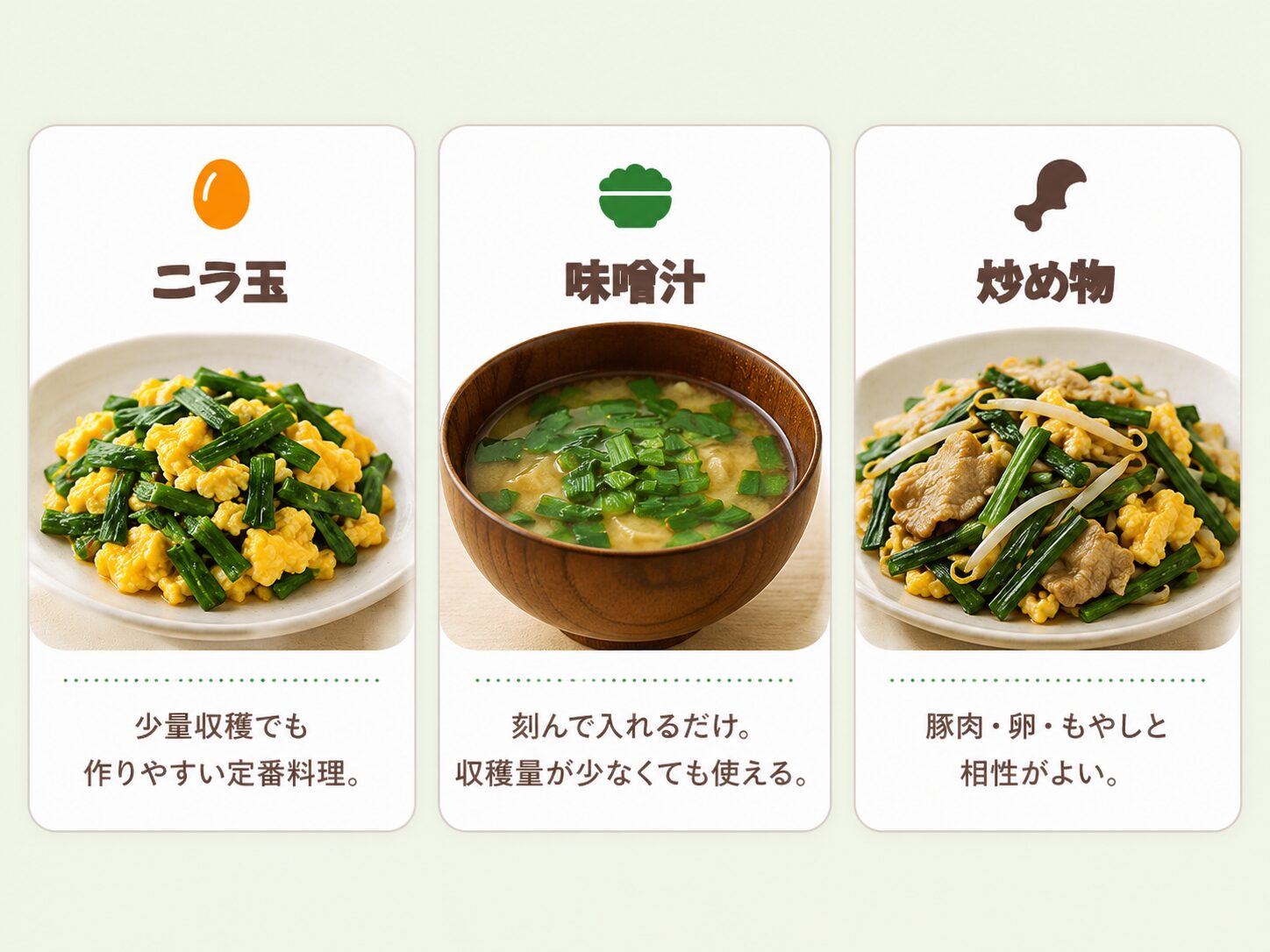 収穫したニラの使い道としてニラ玉・味噌汁・炒め物を示す図解