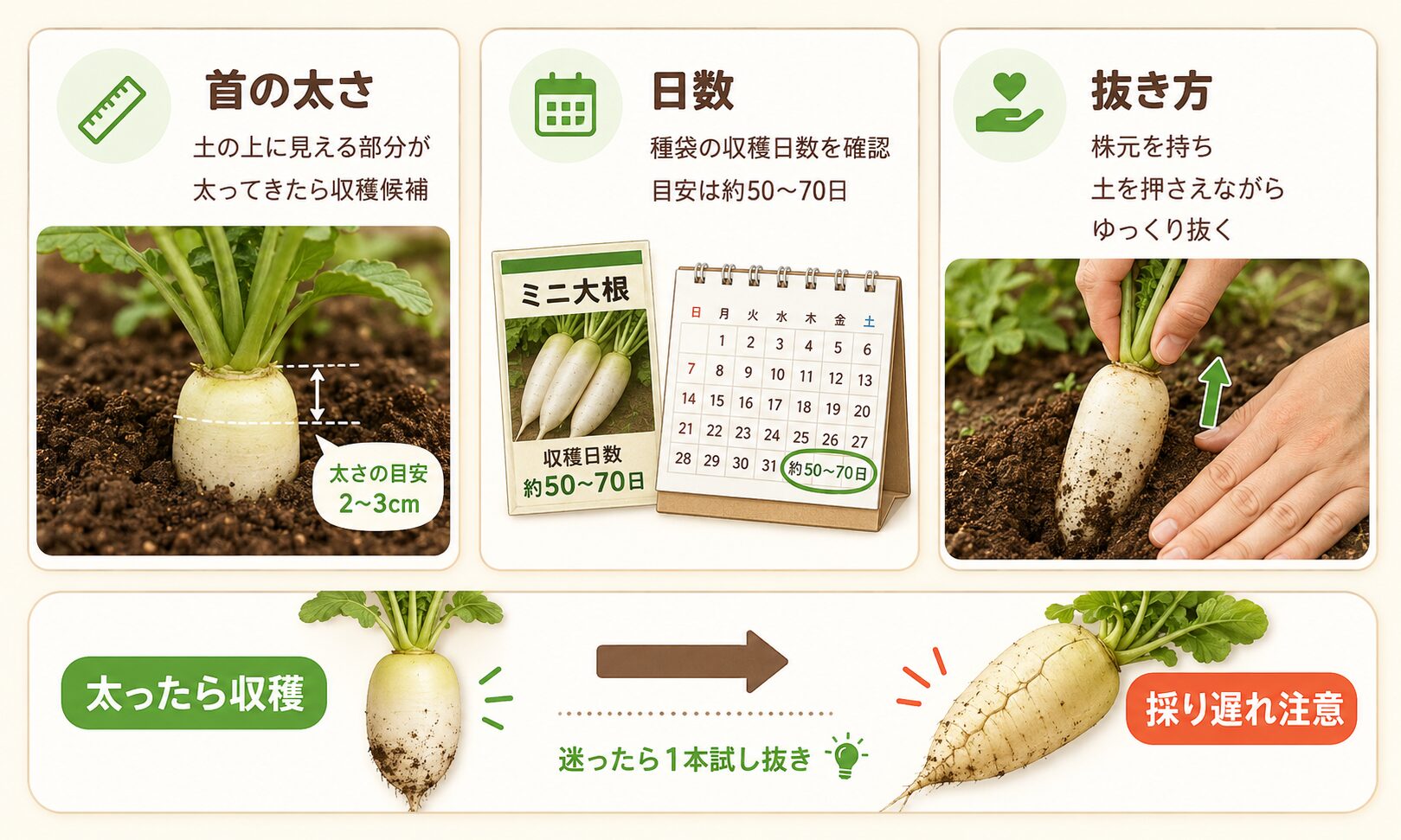 ミニ大根の収穫タイミングと抜き方の図解