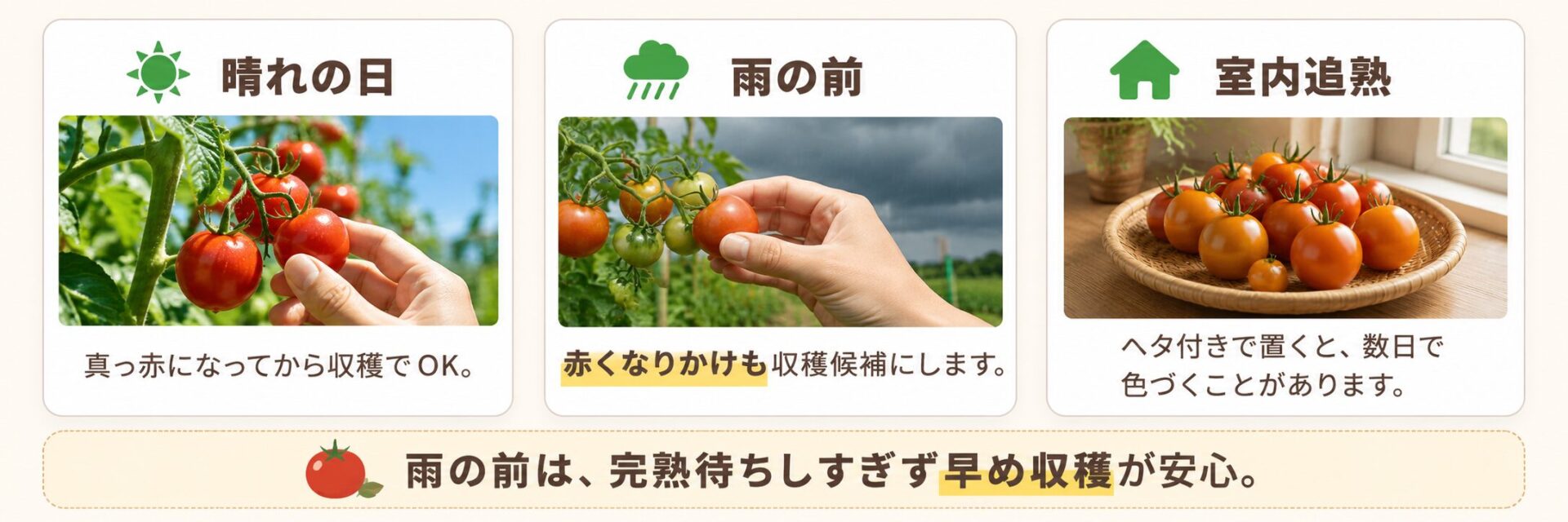 晴れの日・雨の前・室内追熟でのミニトマト収穫タイミングを示した図解