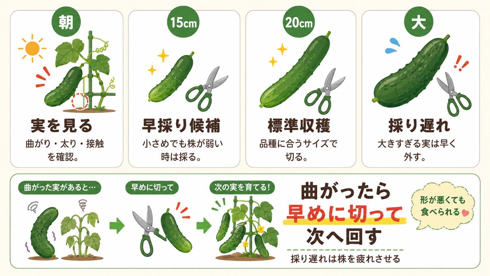 曲がったきゅうりを早採りする収穫タイミングの図解