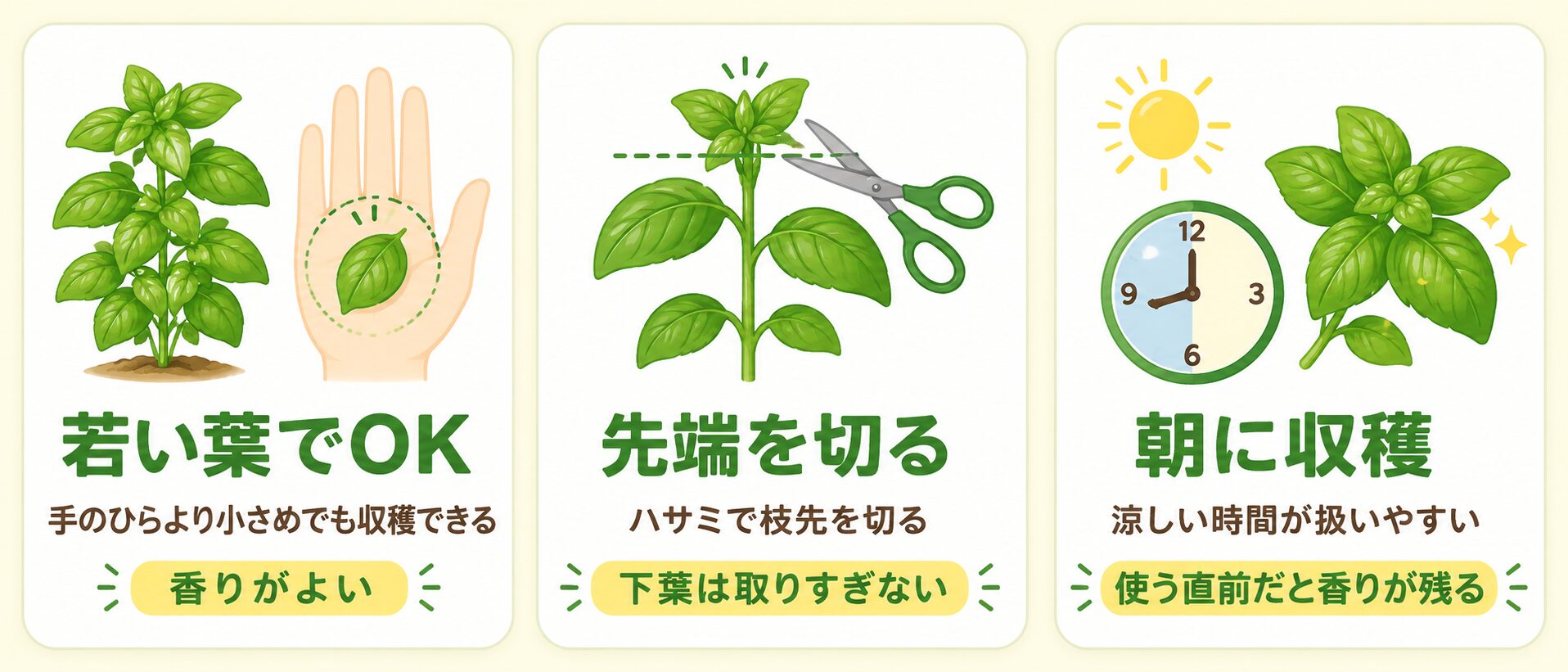 バジルの収穫タイミング。若い葉を収穫し、枝先をハサミで切り、朝に収穫すると香りが残りやすいことを示した図解