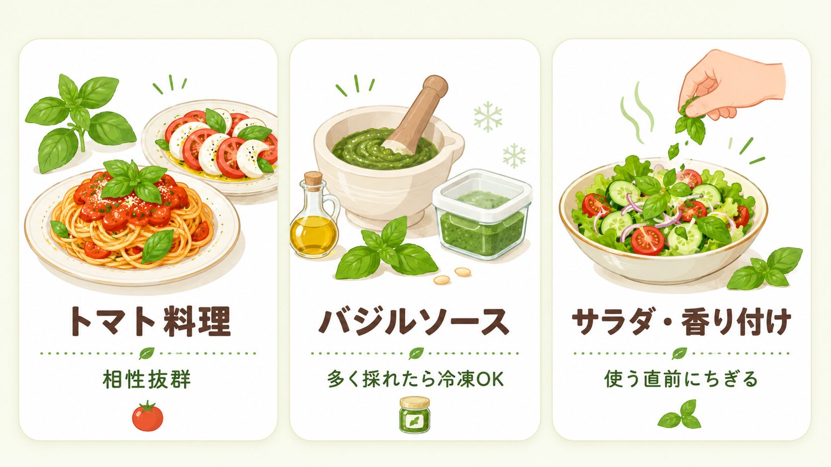 収穫したバジルの使い方。トマト料理、バジルソース、サラダや香り付けへの活用方法を示した図解