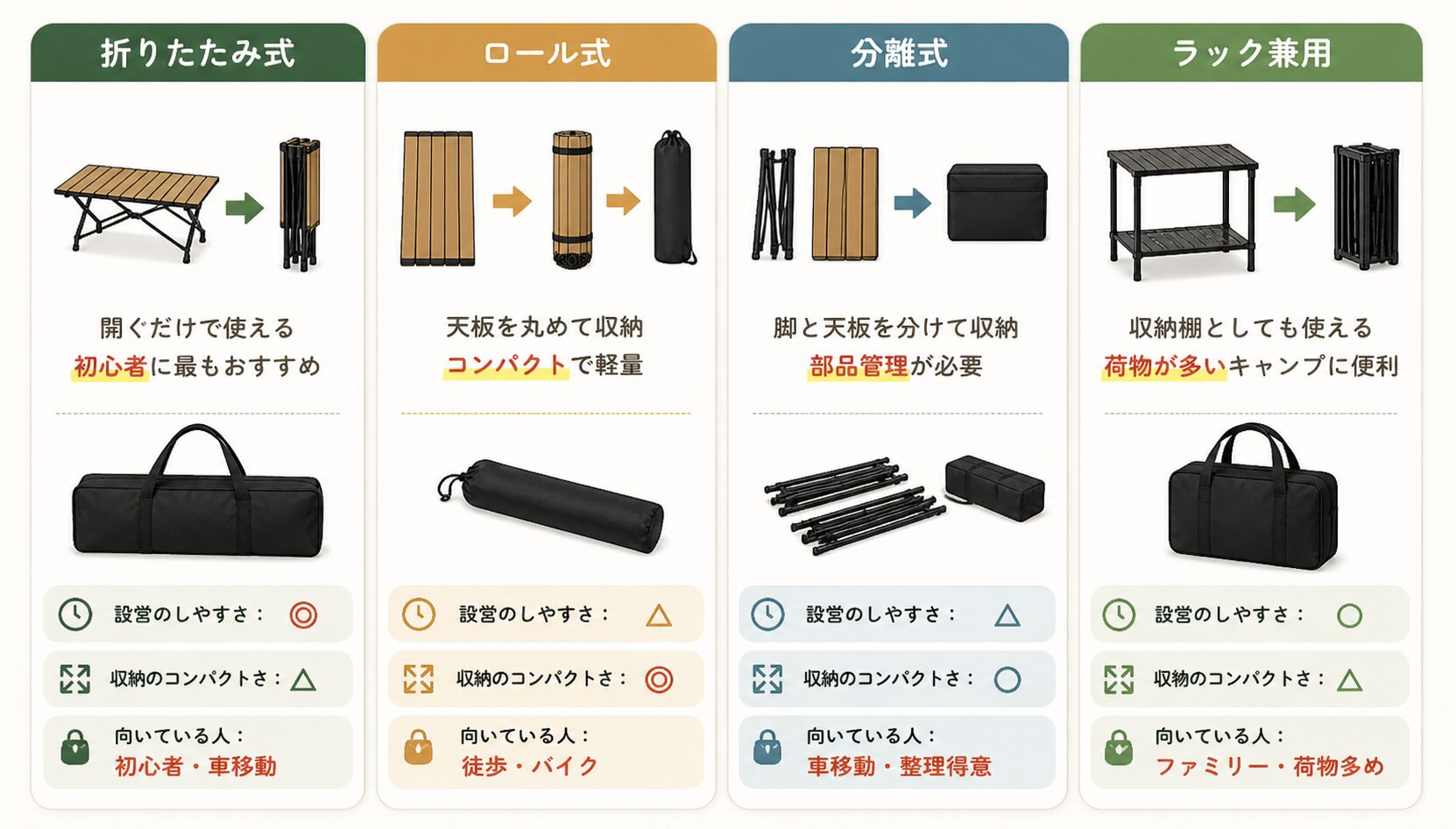 キャンプテーブルの収納方式比較。折りたたみ式、ロール式、分離式、ラック兼用の違いを示した図