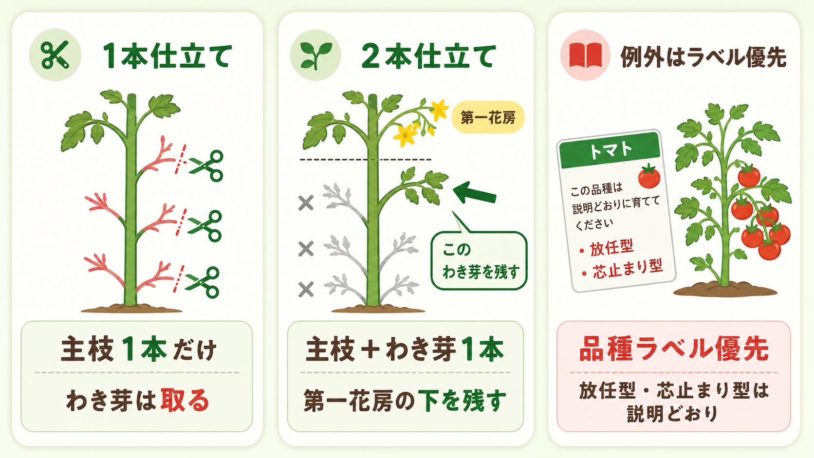ミニトマトの1本仕立て・2本仕立て・品種ラベル優先の違いがわかる図解