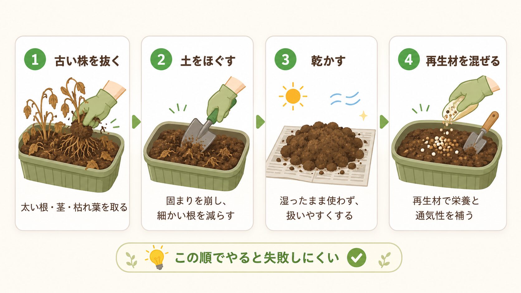 古い株を抜く、土をほぐす、乾かす、再生材を混ぜる古土リセット手順の図解
