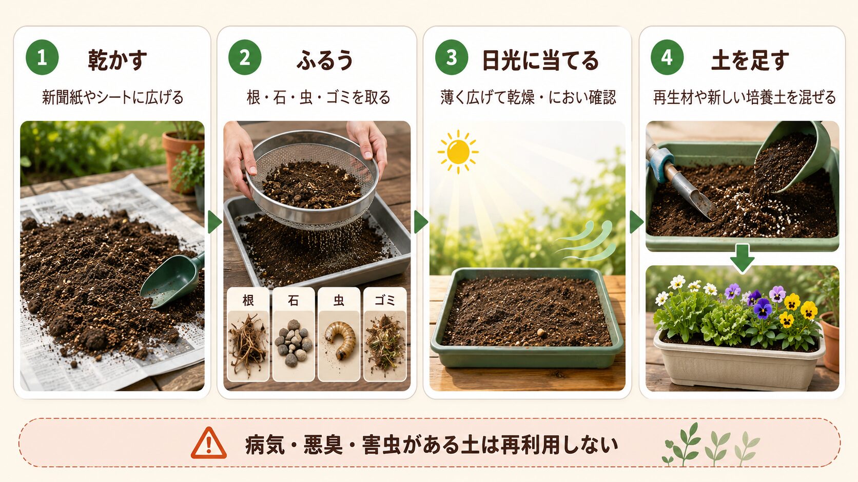 古い土を乾かす・ふるう・日光に当てる・土を足す再利用手順の図解