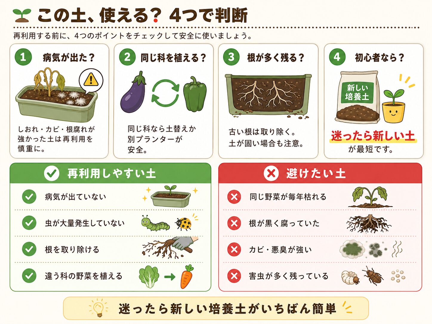 同じ土を再利用してよいか病気、同じ科、根の残り、初心者向け判断で確認する図解