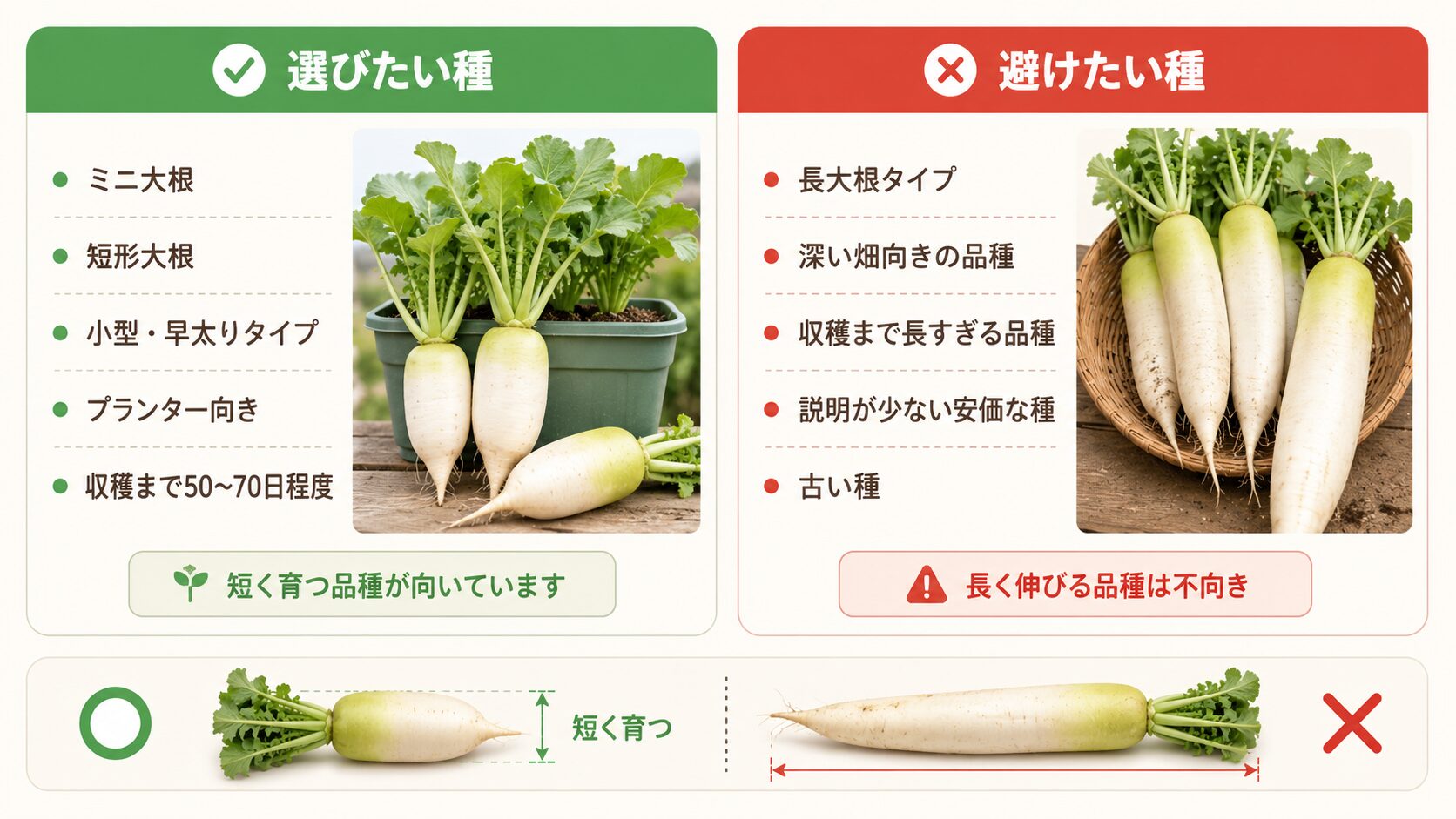 プランター栽培に向くミニ大根と避けたい長大根タイプの比較