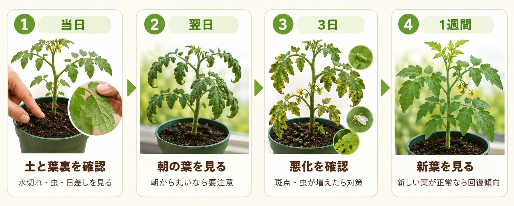 ミニトマトの葉が丸まった後の回復を当日翌日3日後1週間で確認する図解