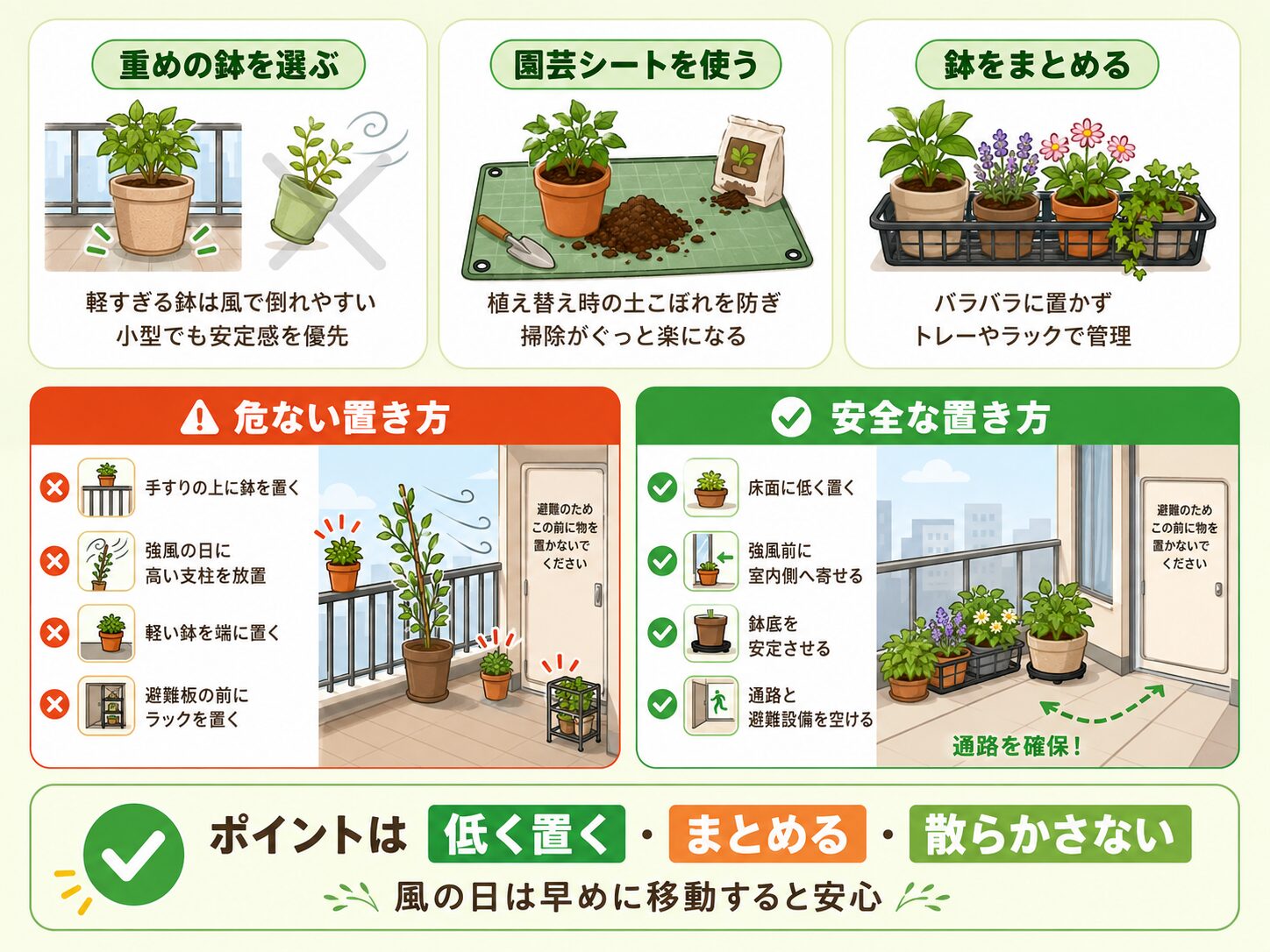 ベランダ菜園の土こぼれ、落下、強風対策。重めの鉢、園芸シート、鉢をまとめる、安全な置き方を示した図解