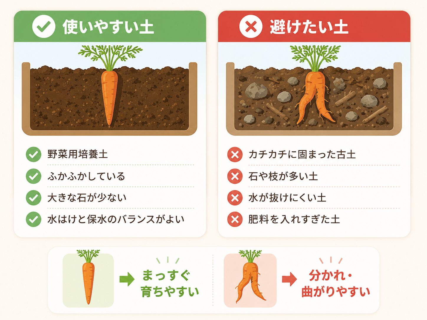 にんじん栽培に向く土と避けたい土の比較