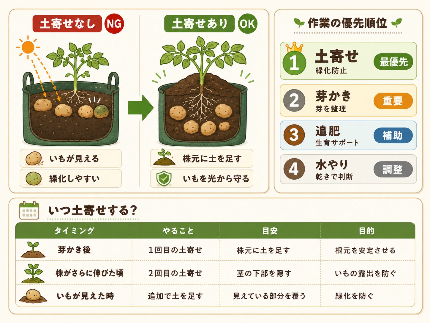 じゃがいもの土寄せの重要性。土寄せなしと土寄せありの違い、作業の優先順位、土寄せのタイミングを示した図解