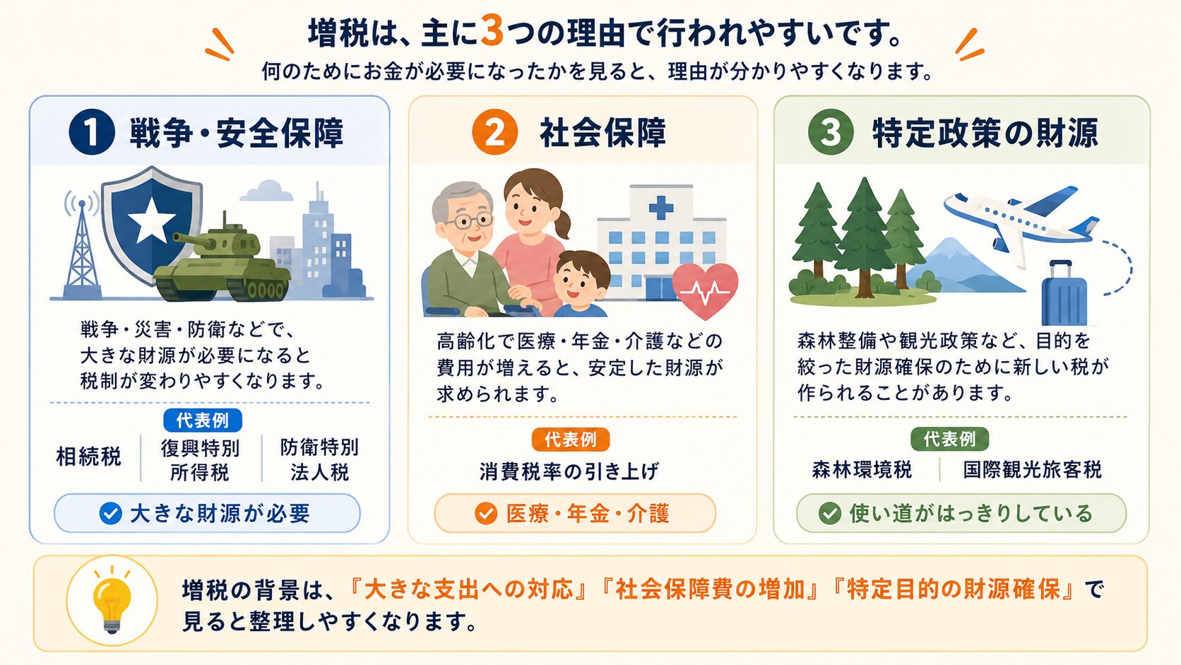 増税の背景を戦争や安全保障、社会保障、特定政策の財源の3つに分けて解説した図