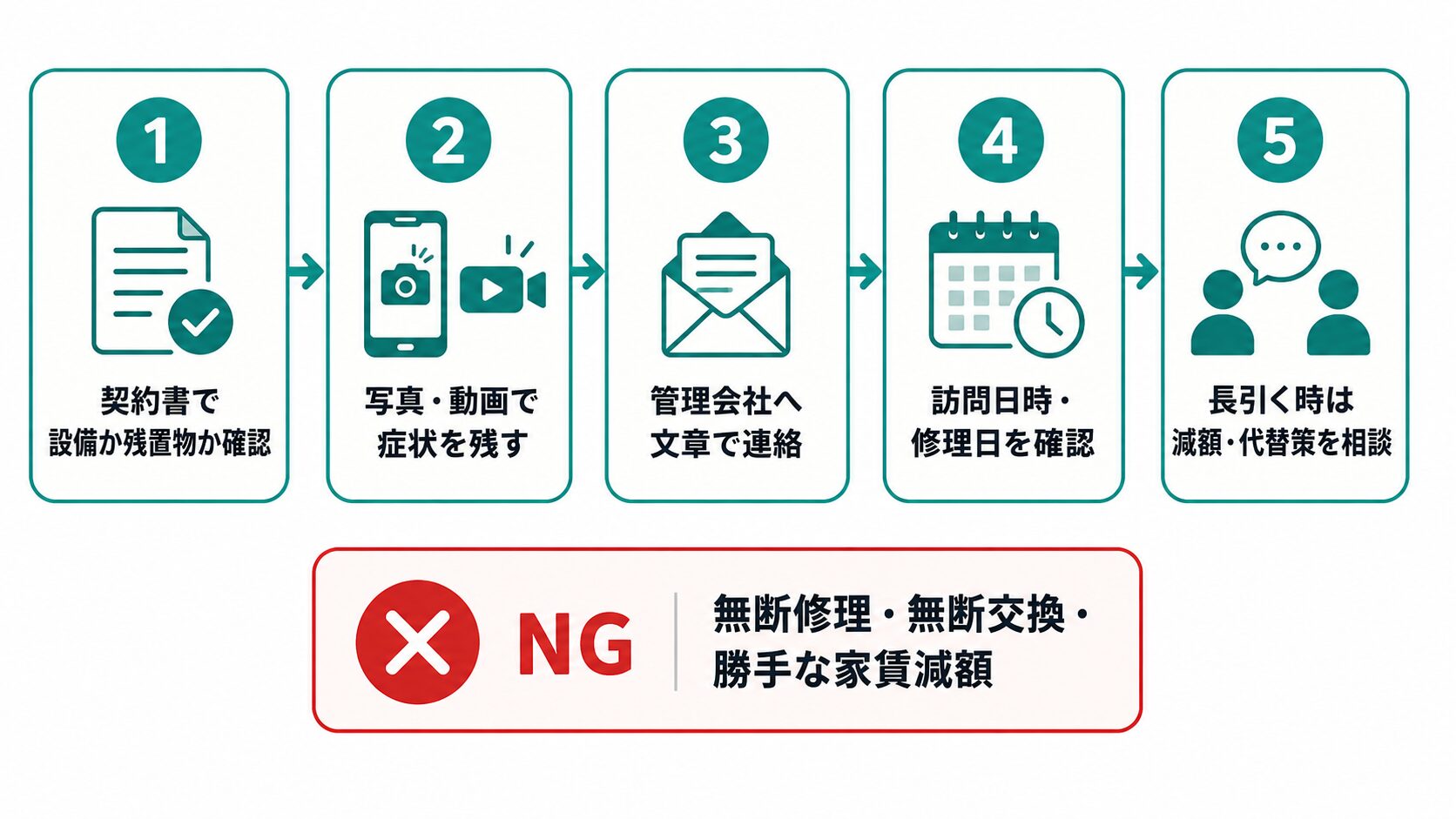 賃貸のエアコンが壊れた当日にやるべき5つの手順。契約書確認、写真・動画で記録、管理会社へ文章で連絡、訪問日時・修理日確認、長引く時の減額・代替策相談を図解