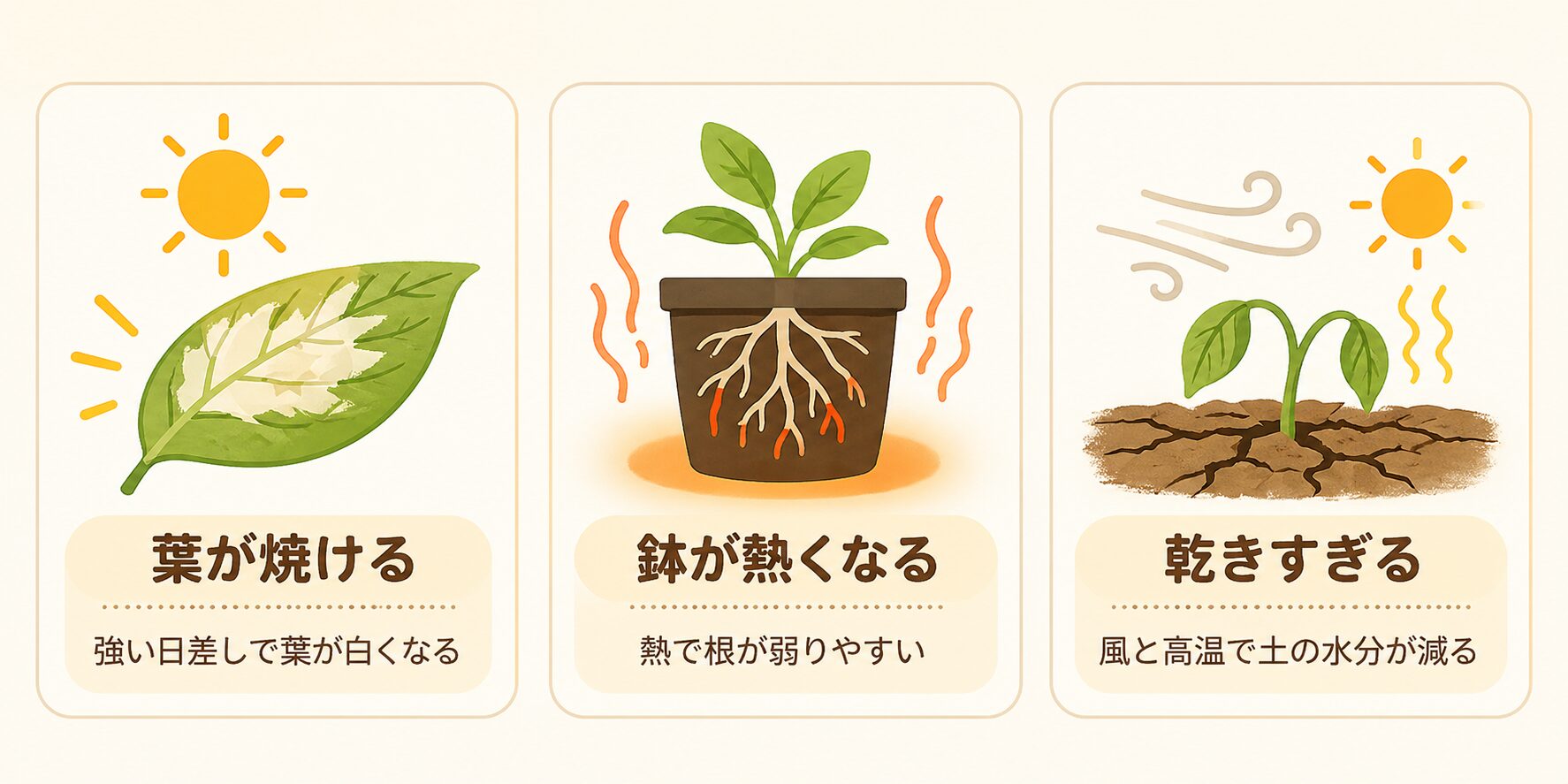 夏のプランター野菜が枯れる原因を示した図解。葉焼け、鉢の高温、乾燥の3つをイラストで説明。