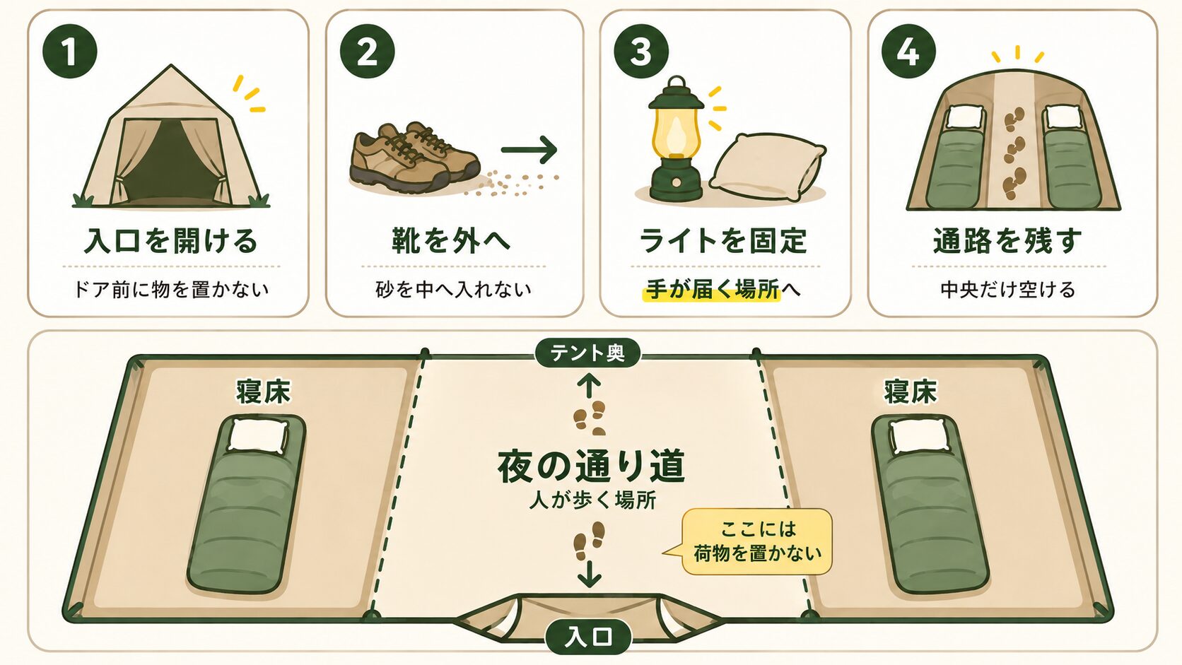 夜に困らないテント内の動線図。入口を空け、靴を外に出し、ライトを手の届く場所に置き、寝床の間に人が歩ける通り道を残す配置を示した図。
