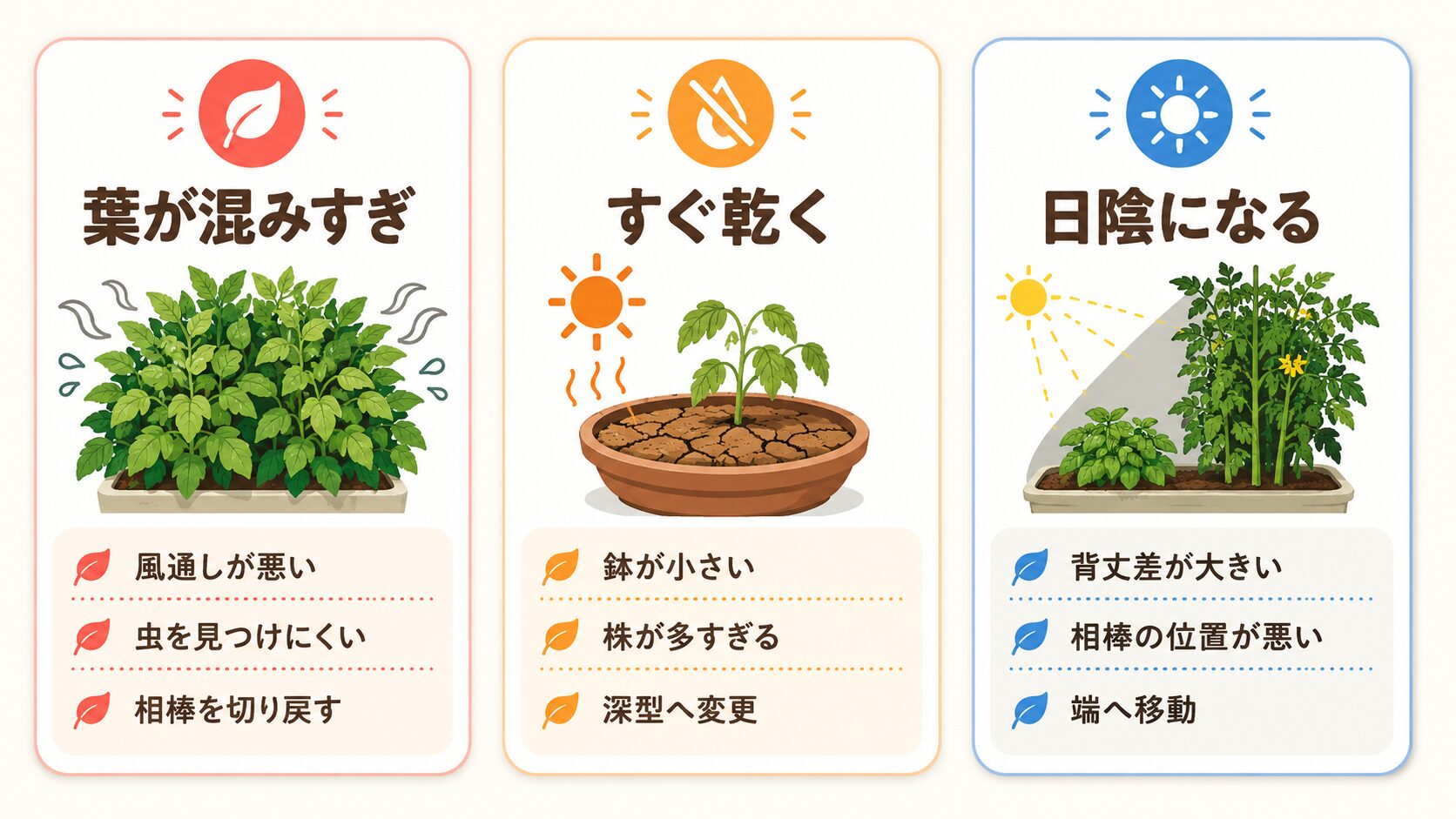 コンパニオンプランツで見直すべき失敗サインの図解。葉が混みすぎ、すぐ乾く、日陰になる状態を説明
