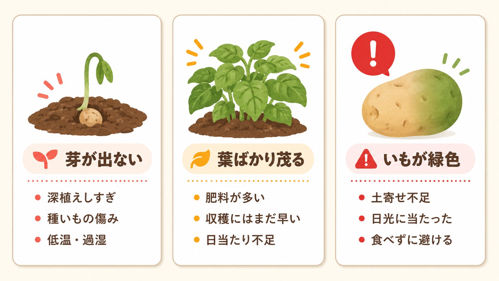 じゃがいも栽培の失敗サイン。芽が出ない、葉ばかり茂る、いもが緑色になる原因を示した図解