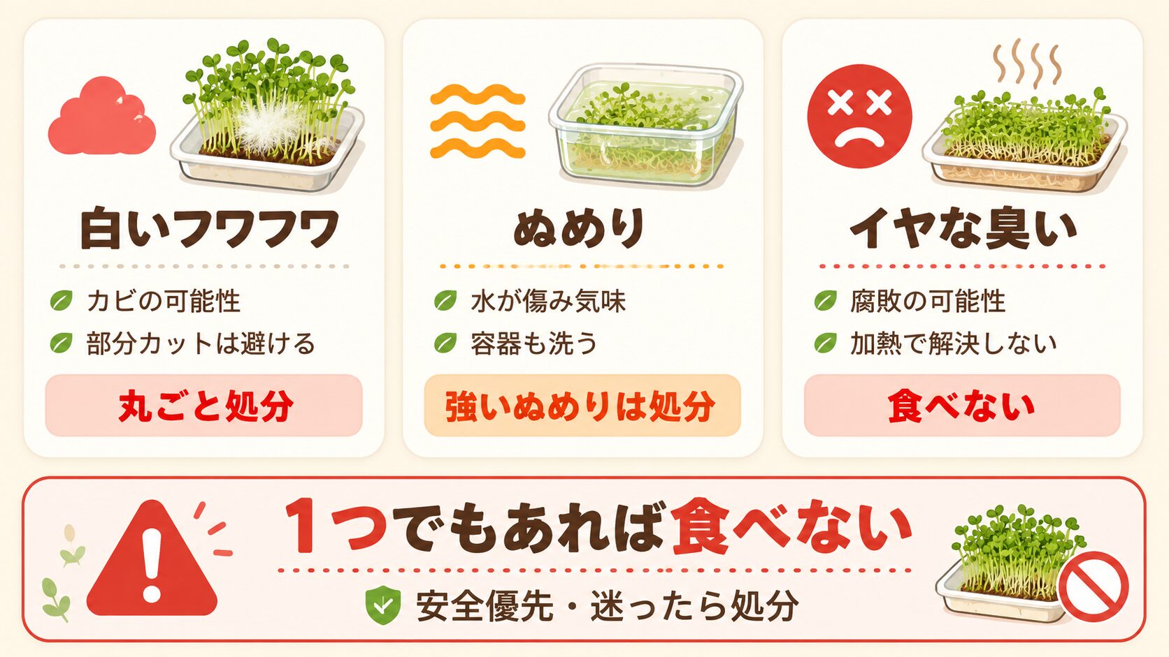 豆苗再生栽培で食べない方がよい失敗サイン。白いカビ、ぬめり、イヤな臭いを説明した図解
