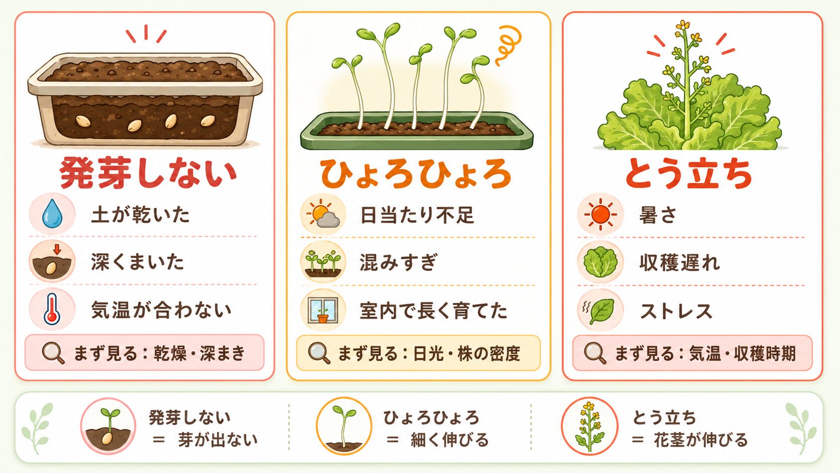 リーフレタス栽培で発芽しない、ひょろひょろ、とう立ちする原因を症状別に示した図解