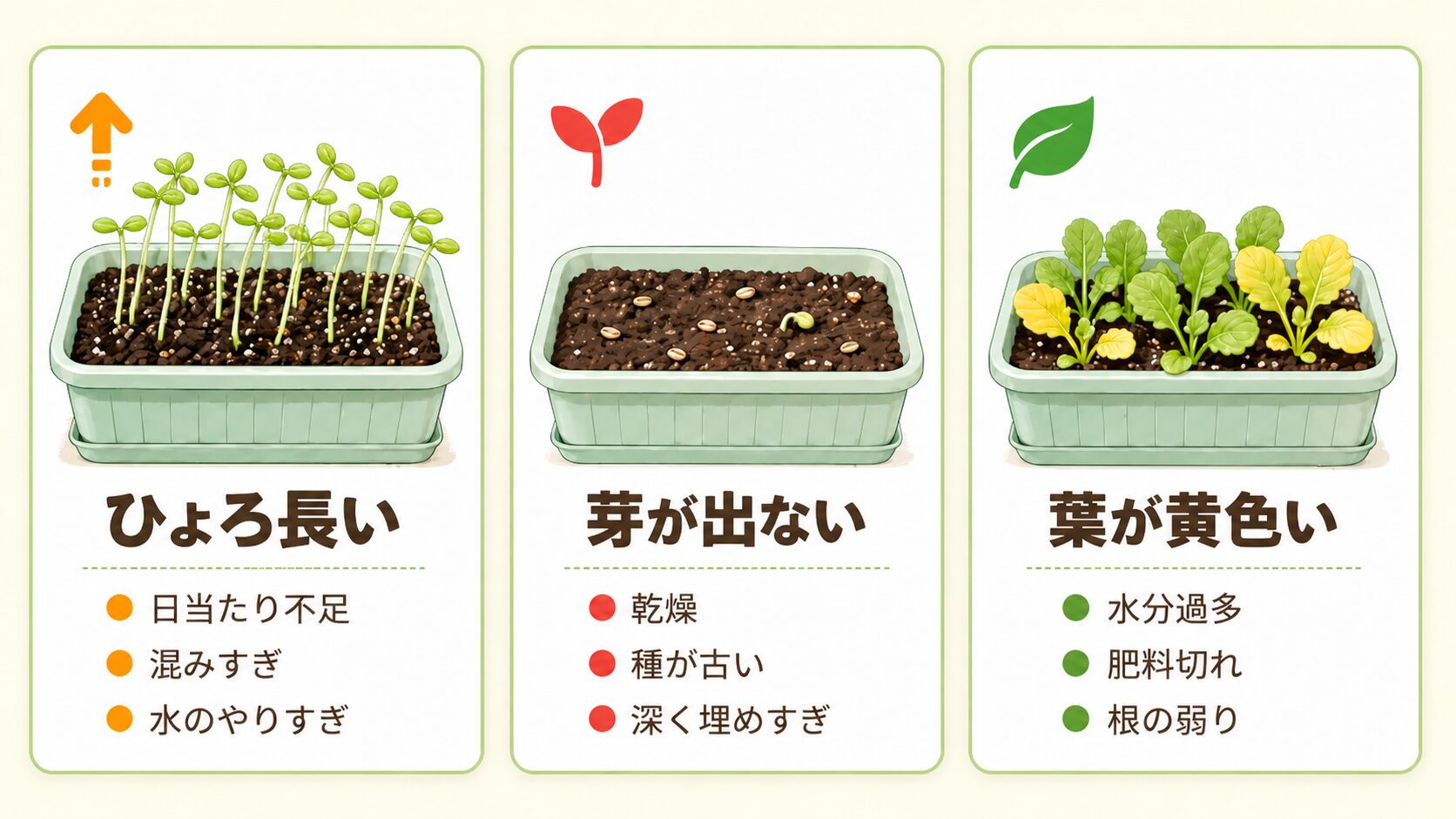 ベビーリーフ栽培の失敗診断としてひょろ長い・芽が出ない・葉が黄色い症状と原因を示す図解