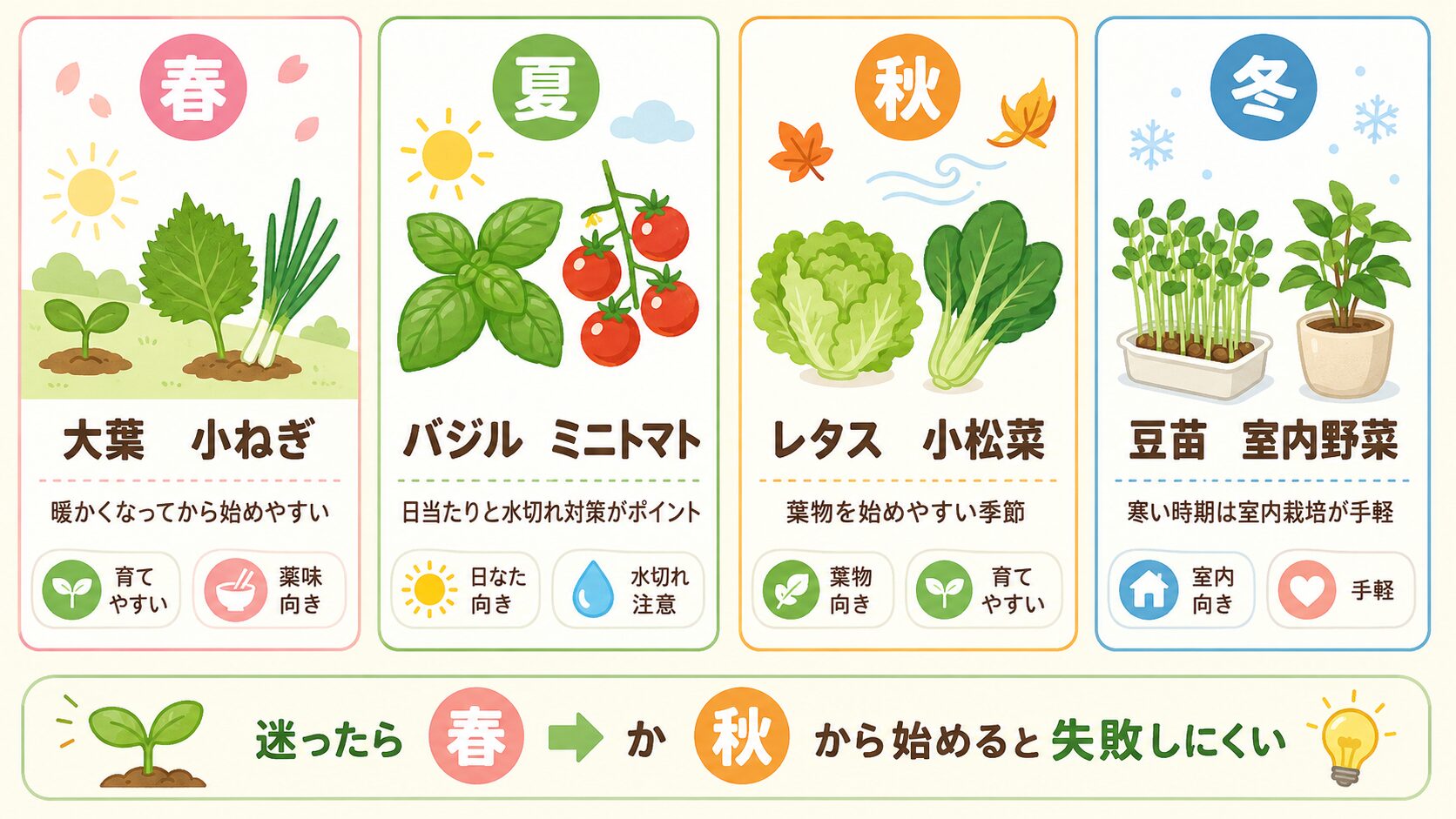 春夏秋冬ごとに始めやすい家庭菜園野菜。春は大葉と小ねぎ、夏はバジルとミニトマト、秋はレタスと小松菜、冬は豆苗と室内野菜を図解。