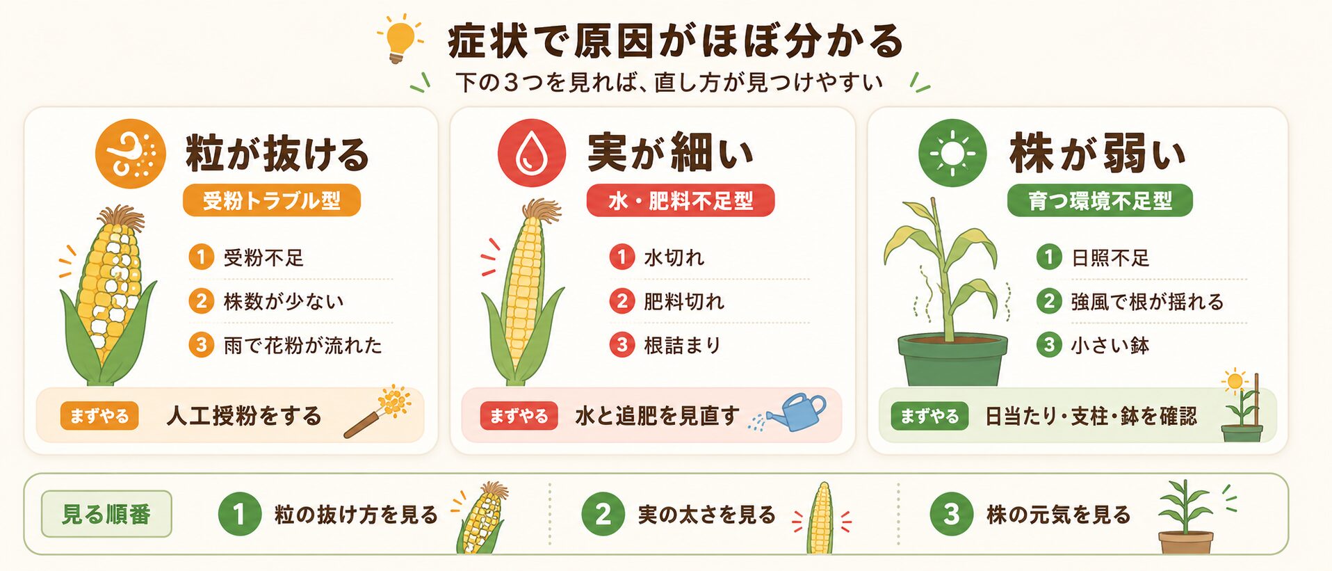 とうもろこしの実が太らない原因を症状別にまとめた図解