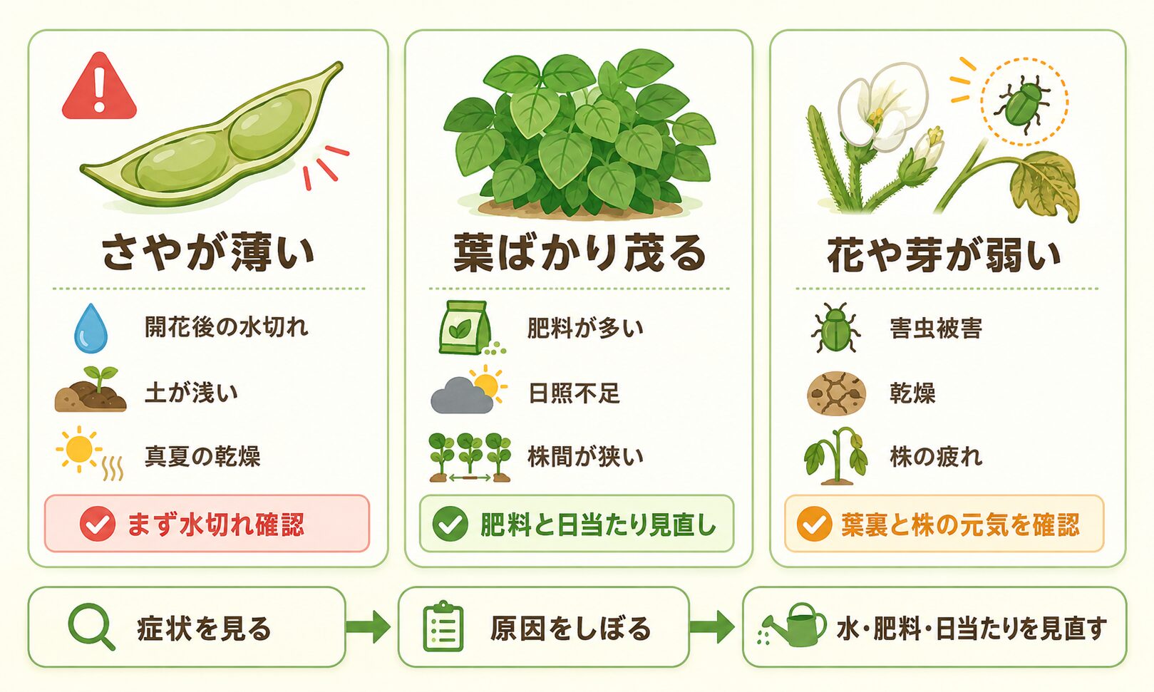 枝豆の実が太らない原因。さやが薄い、葉ばかり茂る、花や芽が弱い症状別に原因と対策を図解