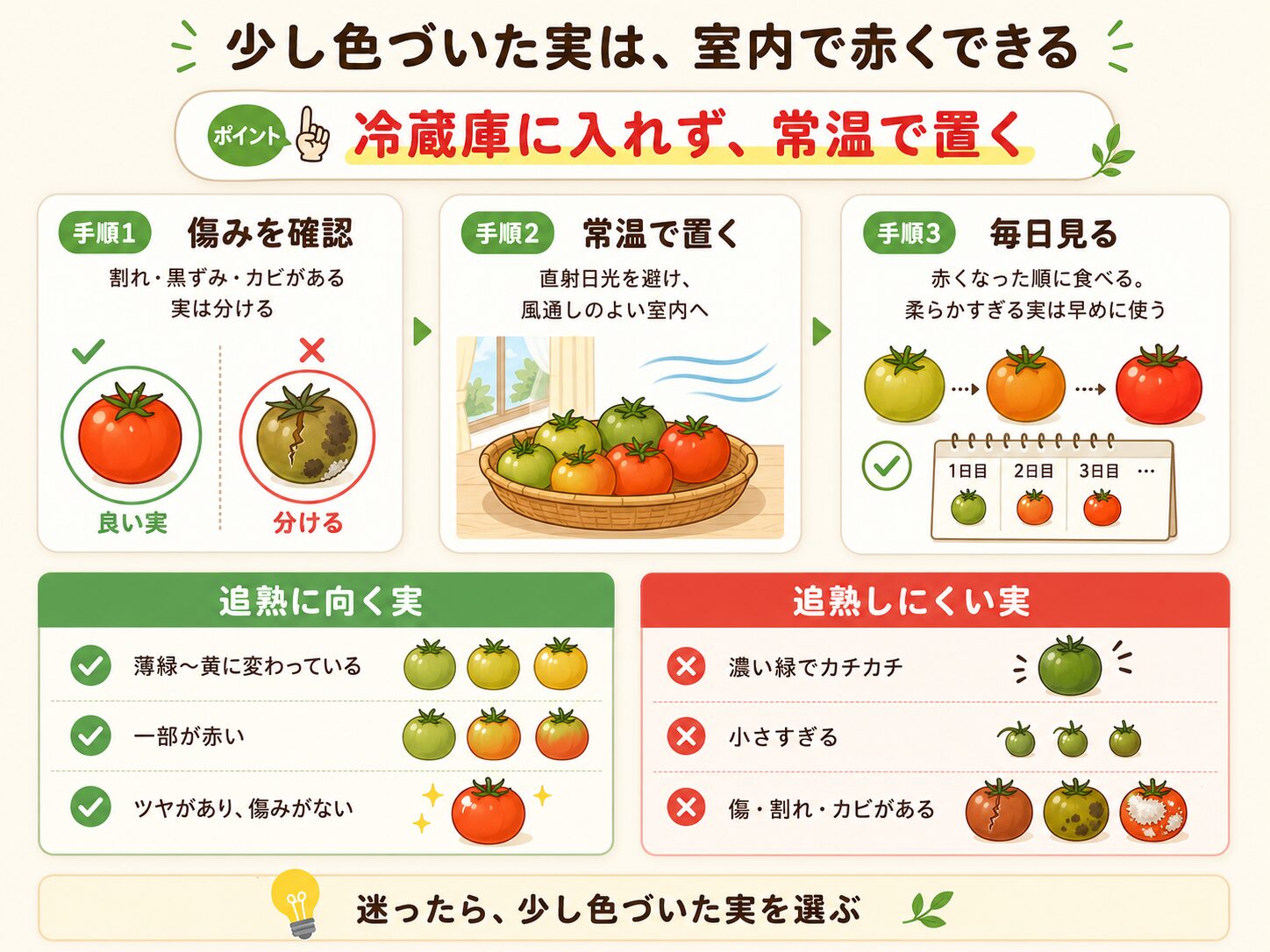 ミニトマトを室内で追熟して赤くする方法を示した図解