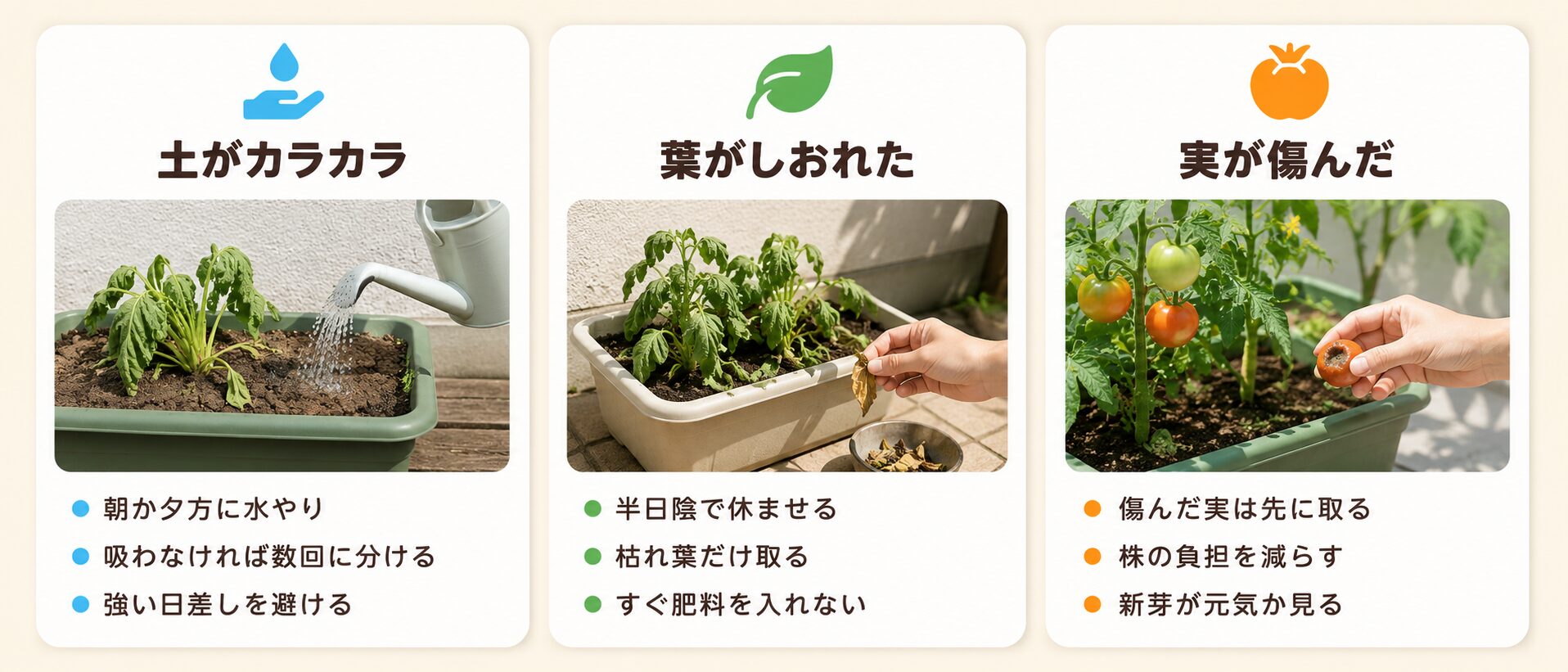 旅行後にしおれたプランター野菜を復活させるチェックポイント