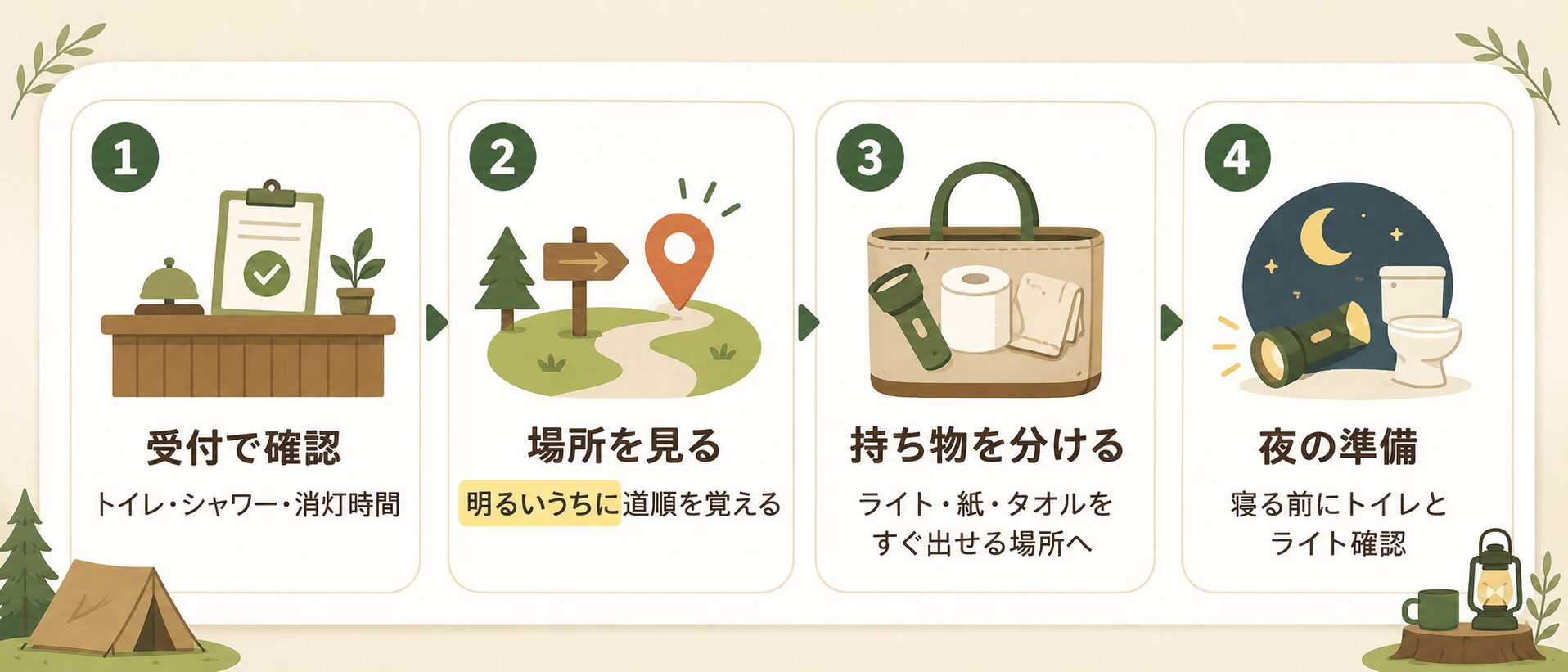 キャンプ場に到着したら受付で確認し、場所を見て、持ち物を分け、夜の準備をする流れの図