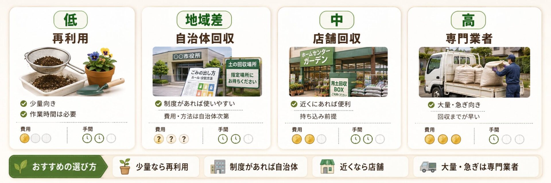 古い土の再利用・自治体回収・店舗回収・専門業者の費用感と手間を比較した図解