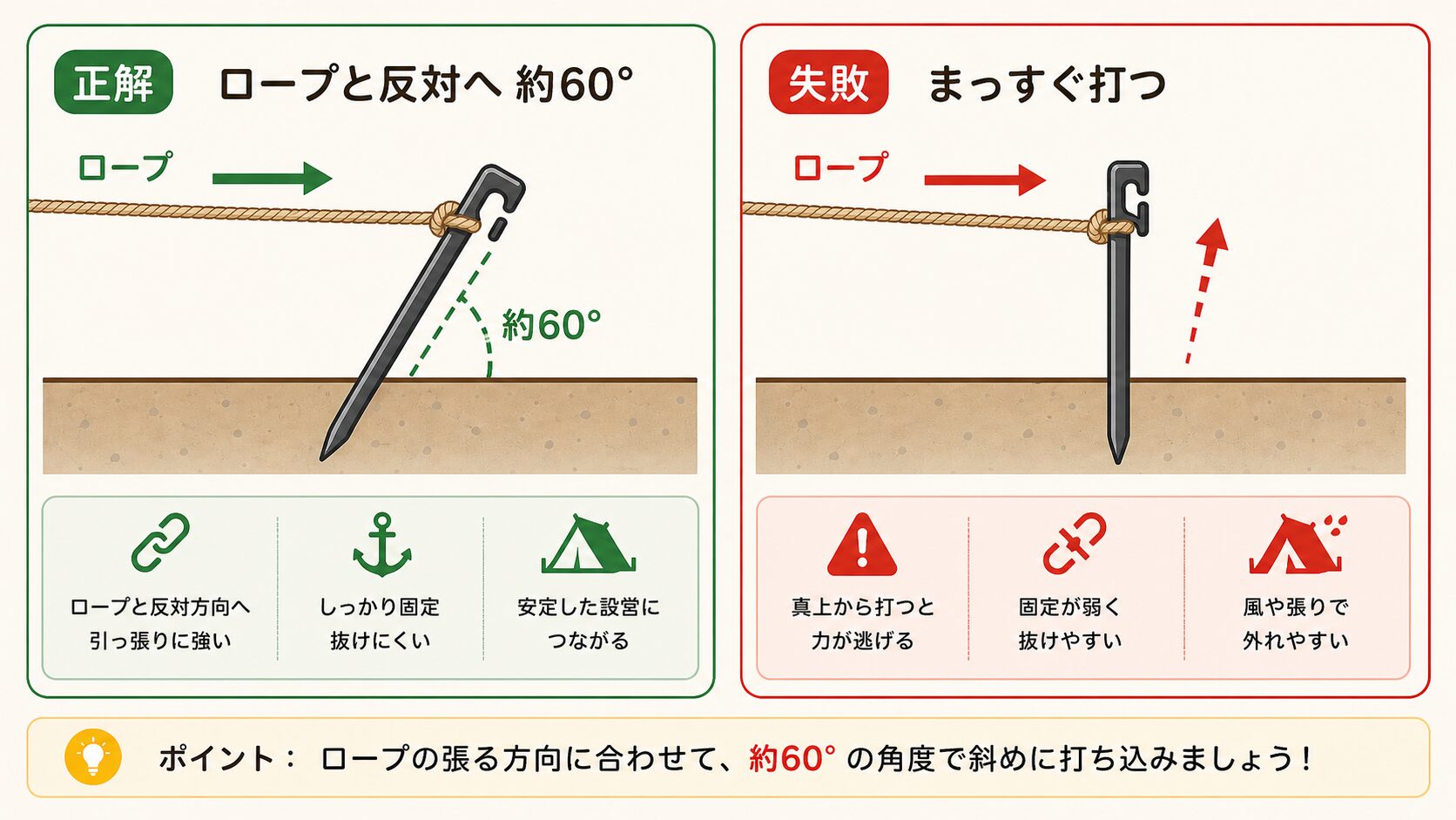 ロープと反対方向へ約60度で斜めに打つ正しいペグの打ち方を示した図解