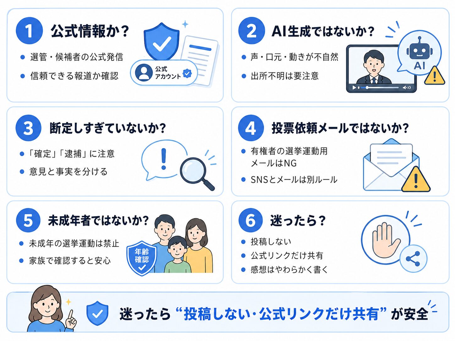 選挙中のSNS投稿前に確認すべき公式情報、AI生成、断定表現、メール、未成年者の5項目