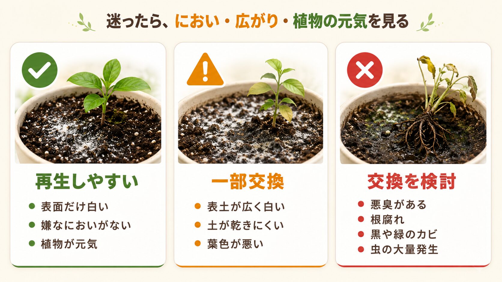 白いカビが出た土を再生するか一部交換するか土を交換するかの判断