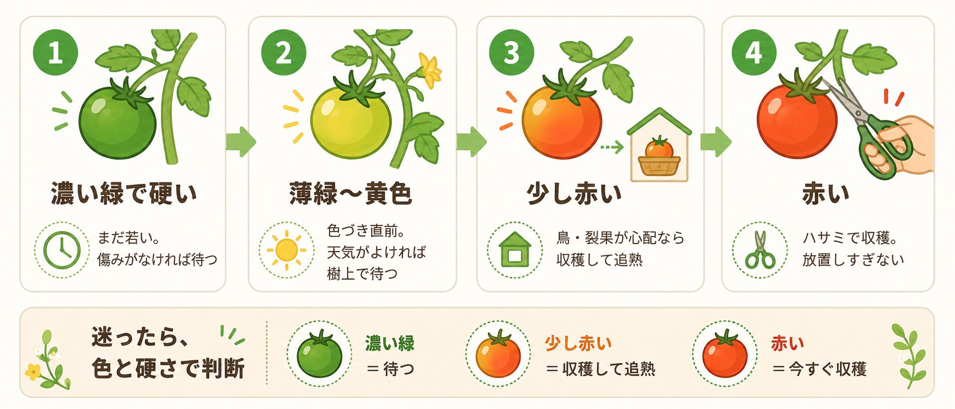 ミニトマトを採るか待つかを色と硬さで判断する収穫チャート