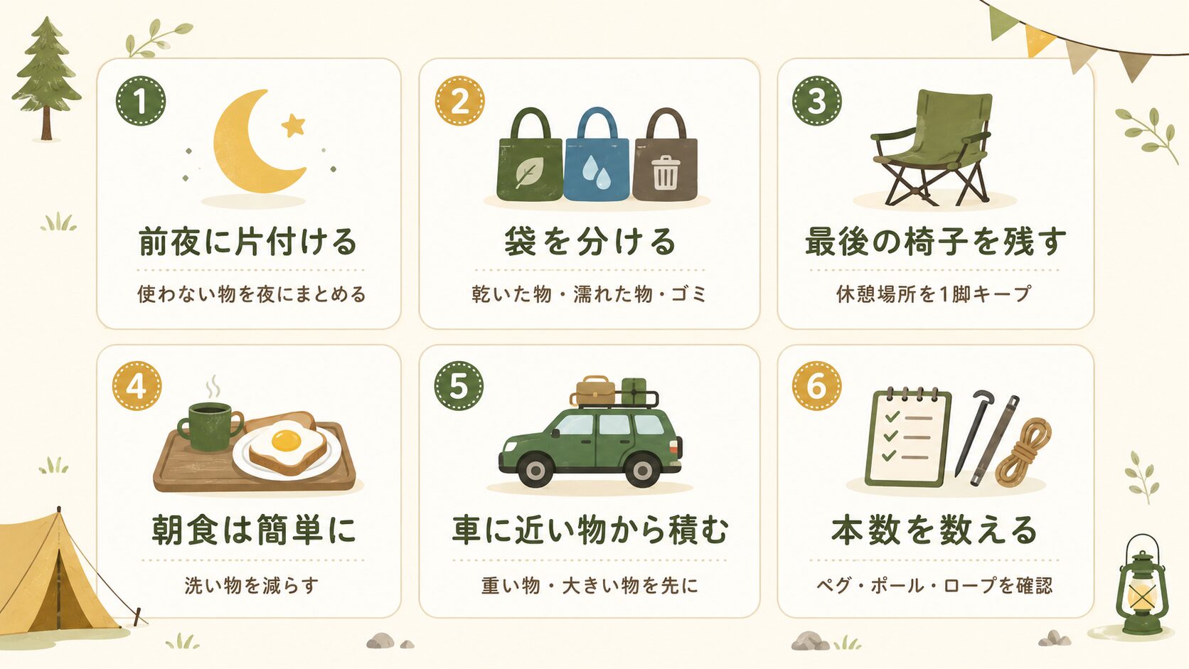 キャンプ撤収を時短する6つのコツ。前夜に片付ける、袋を分ける、最後の椅子を残す、朝食は簡単に、車に近い物から積む、本数を数える