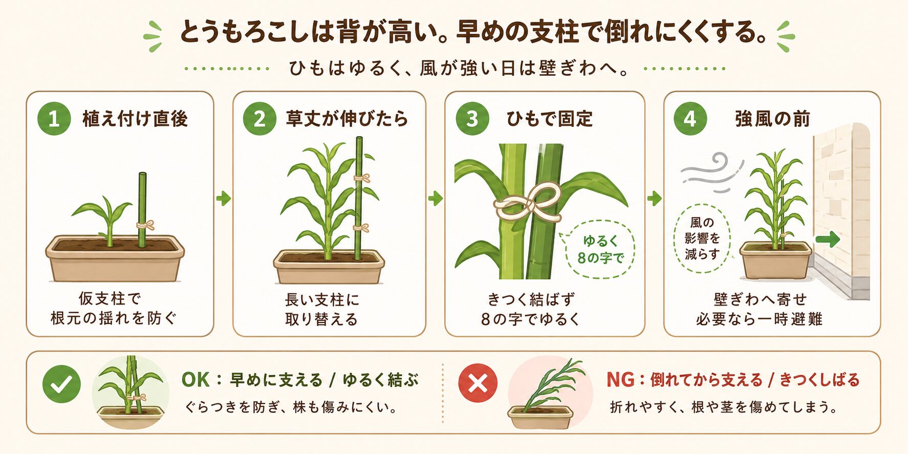 とうもろこしの支柱の立て方と倒伏対策の図解