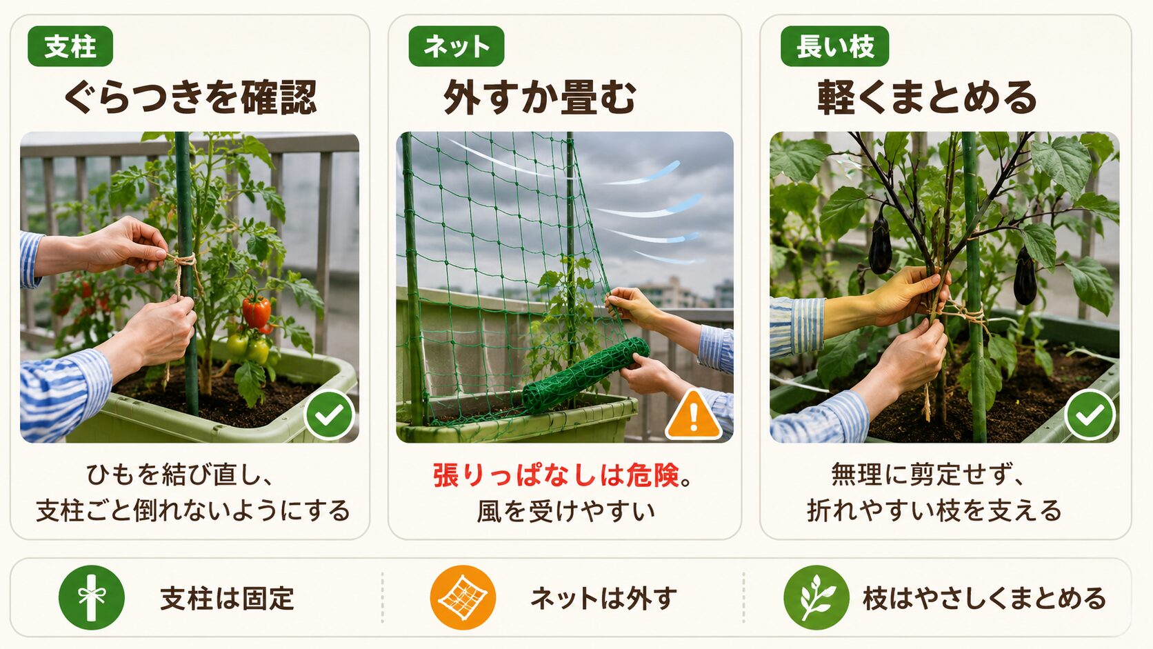 支柱とネットの台風対策
